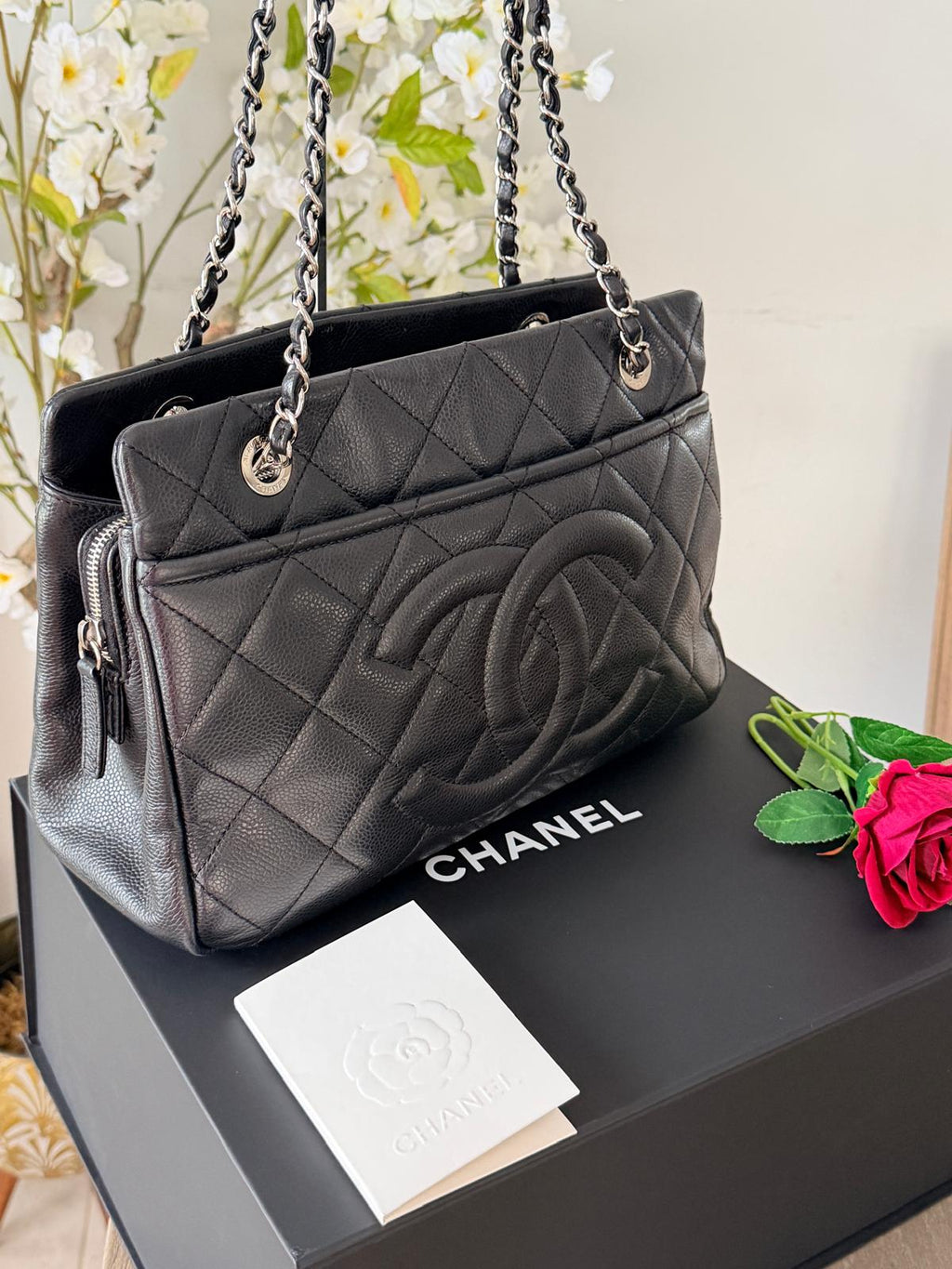 Chanel Medium Tote Bag Black Caviar Leather with Silver Hardware