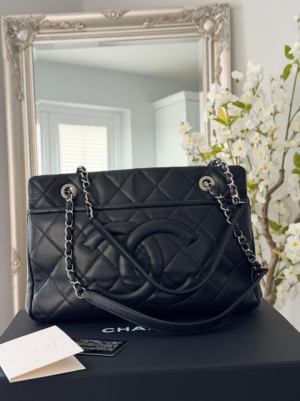 Chanel Medium Tote Bag Black Caviar Leather with Silver Hardware