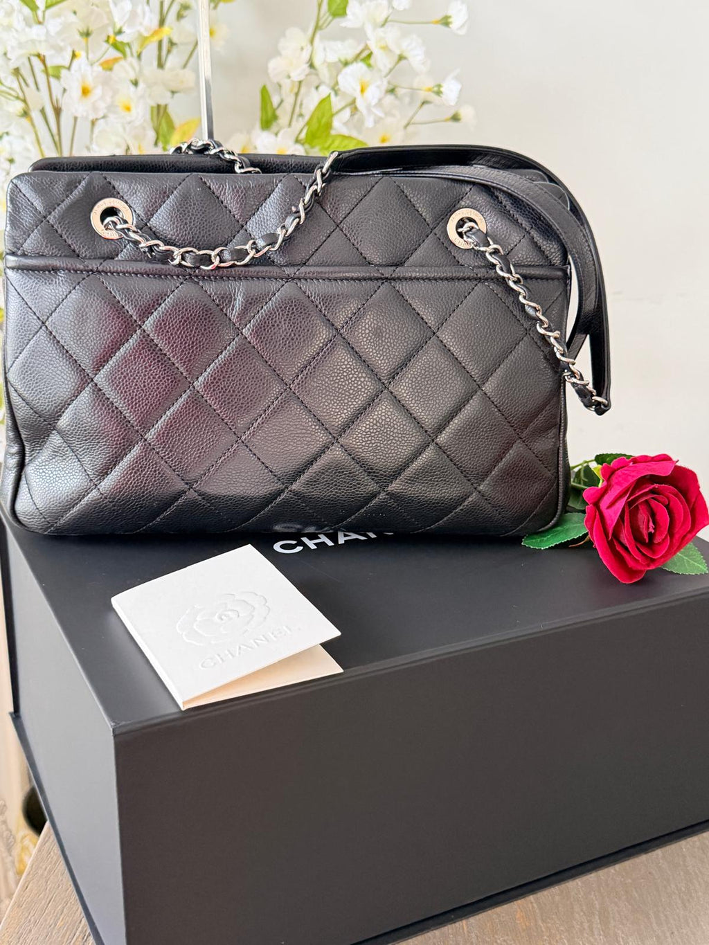 Chanel Medium Tote Bag Black Caviar Leather with Silver Hardware