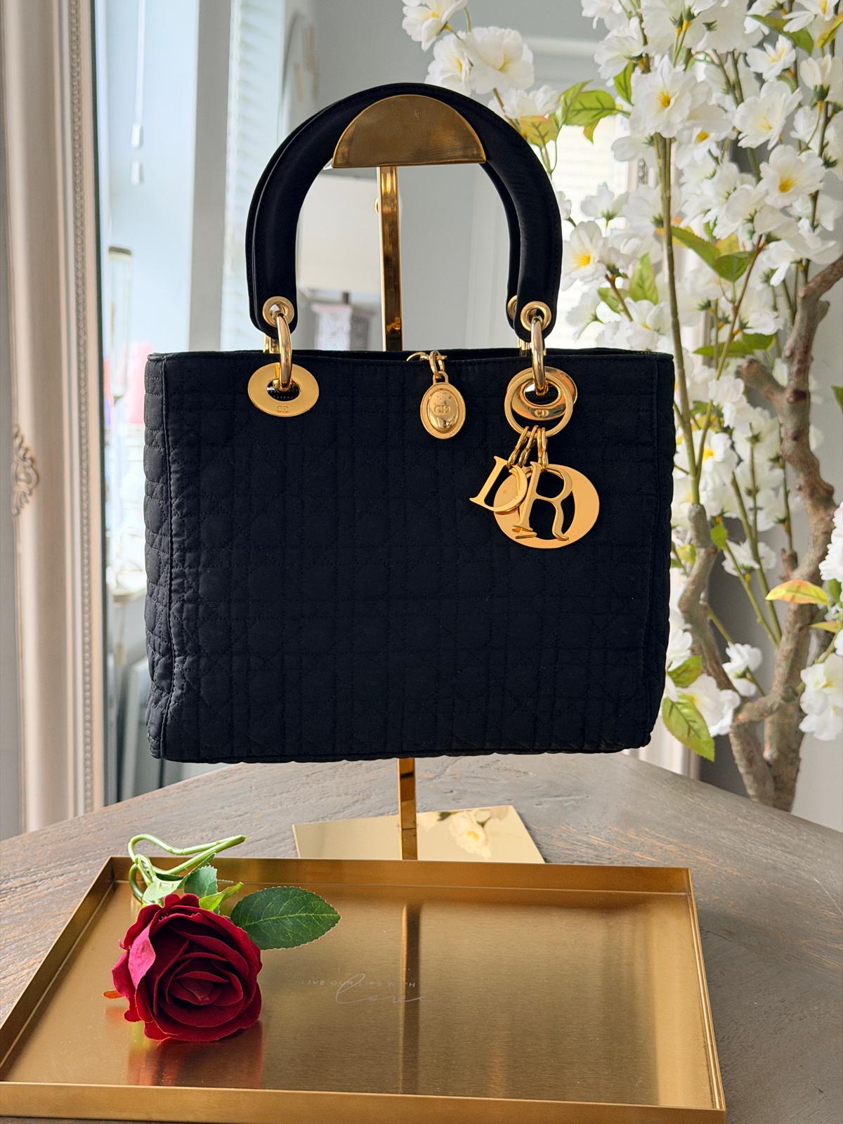 Lady Dior Vintage Medium Black Nylon with Gold Plated Hardware