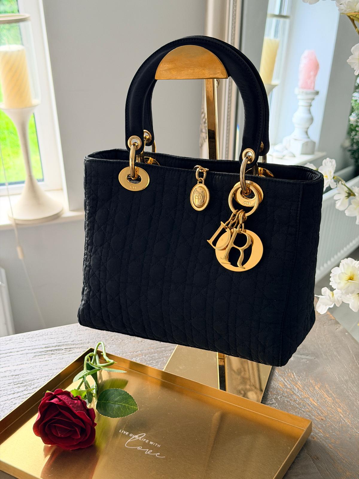 Lady Dior Vintage Medium Black Nylon with Gold Plated Hardware