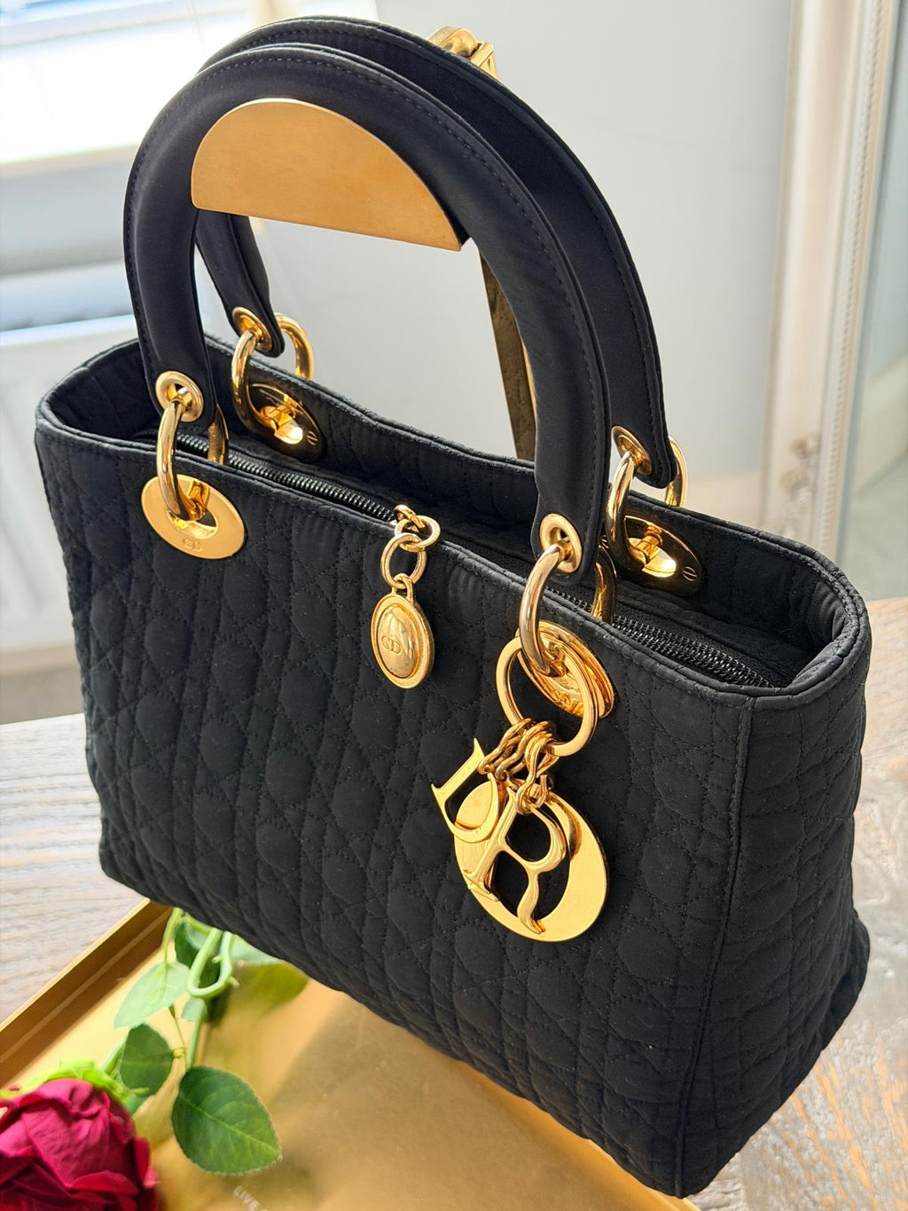 Lady Dior Vintage Medium Black Nylon with Gold Plated Hardware
