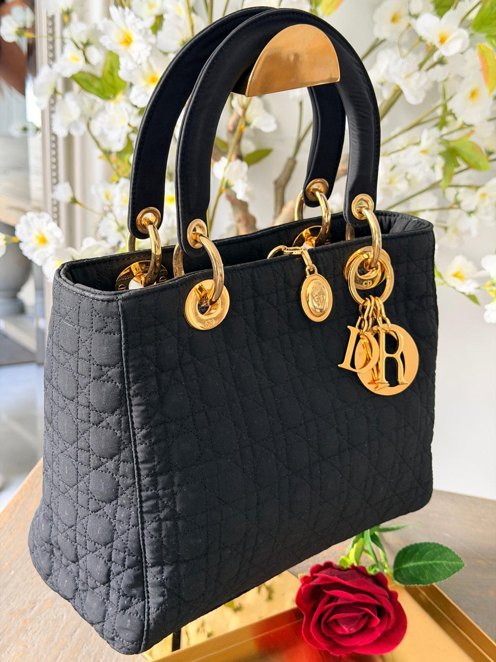 Lady Dior Vintage Medium Black Nylon with Gold Plated Hardware