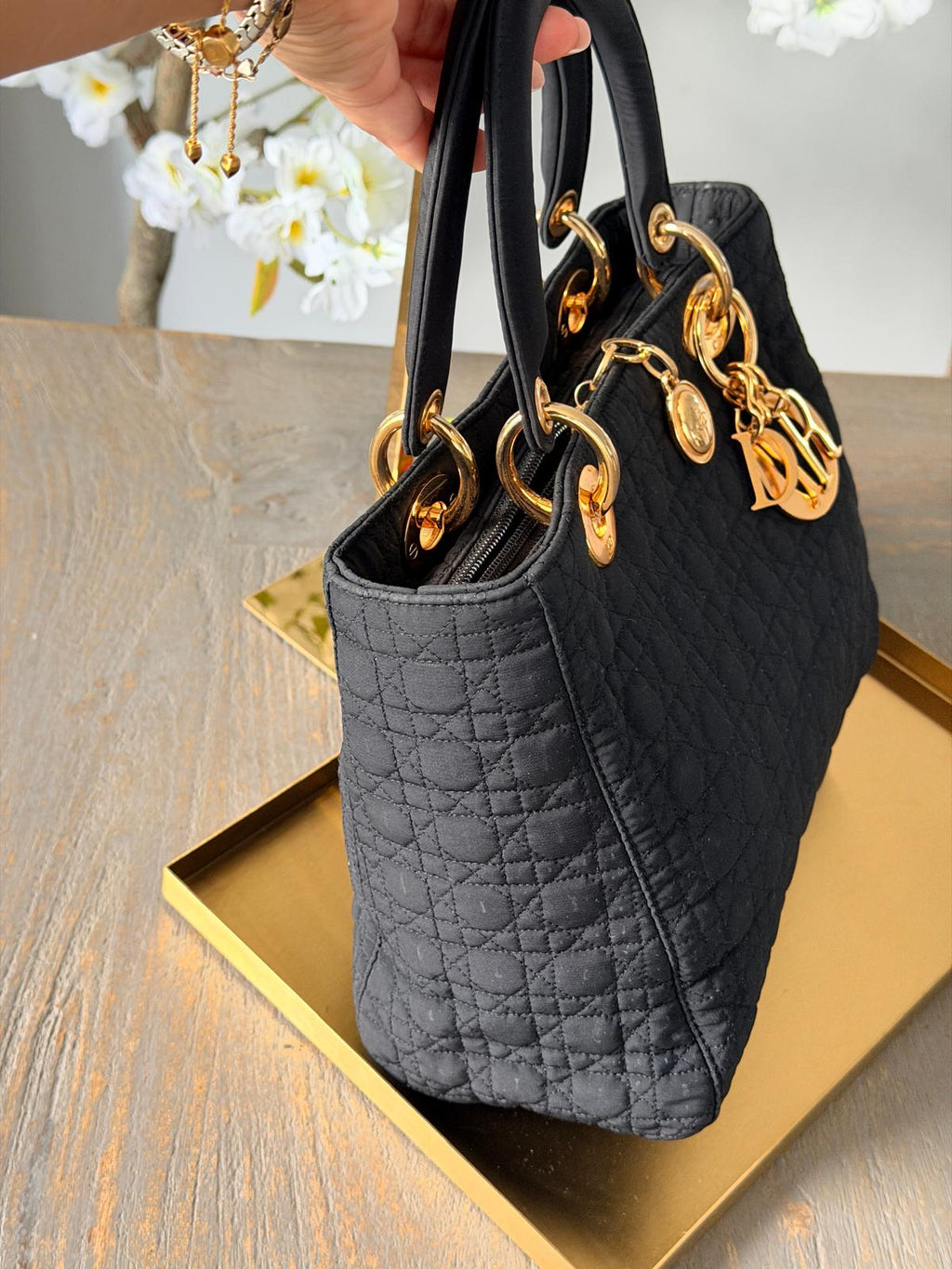 Lady Dior Vintage Medium Black Nylon with Gold Plated Hardware