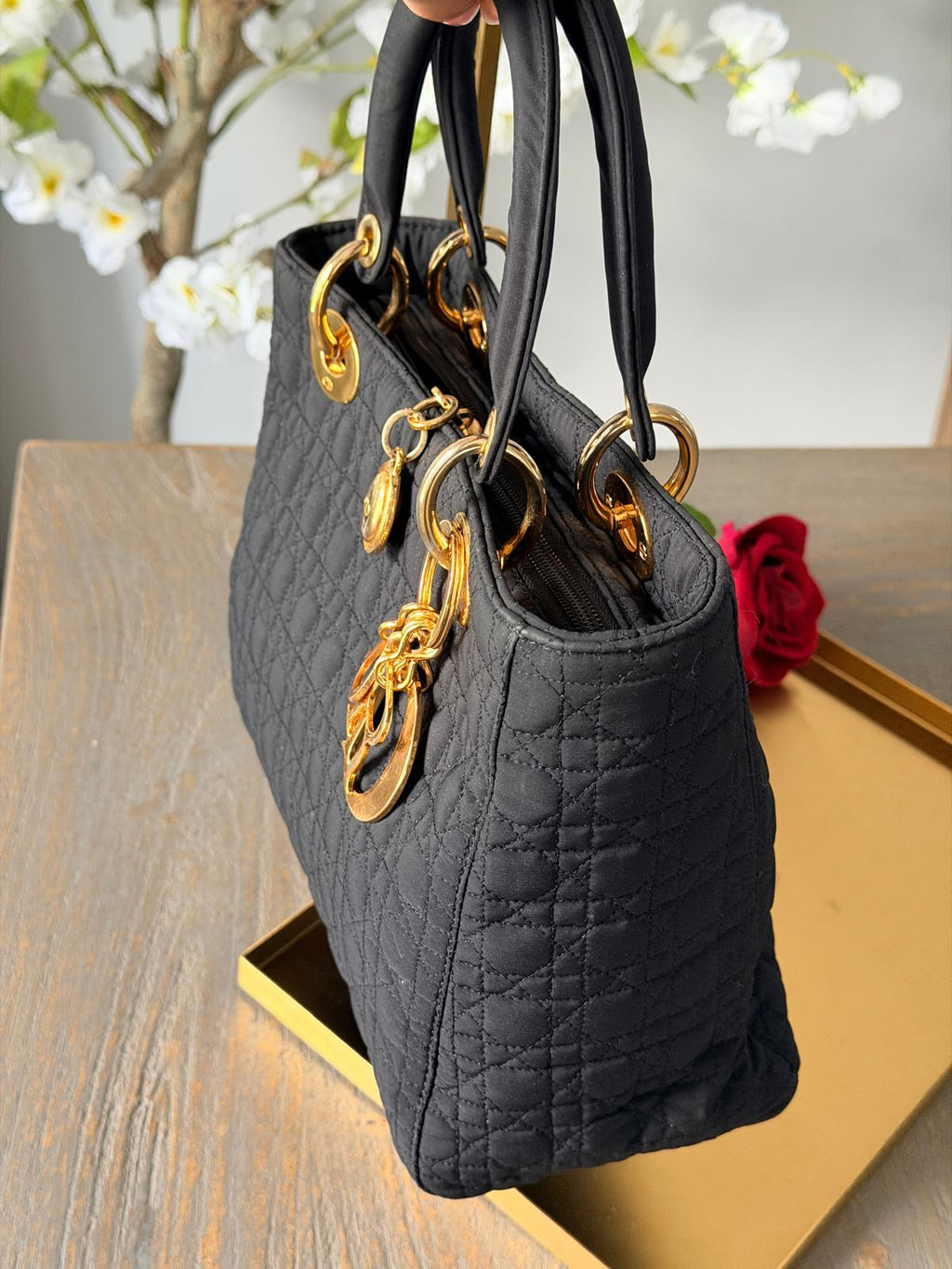 Lady Dior Vintage Medium Black Nylon with Gold Plated Hardware