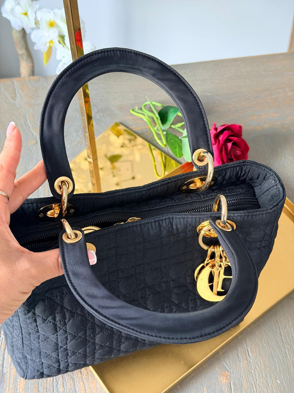 Lady Dior Vintage Medium Black Nylon with Gold Plated Hardware