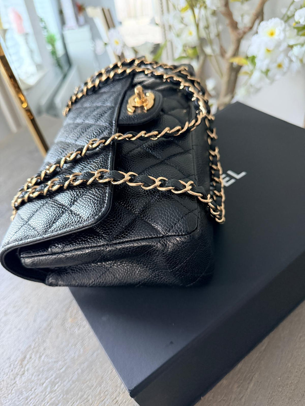 Chanel Timeless Classic Medium Double Flap Bag Black Caviar Leather Gold Hardware