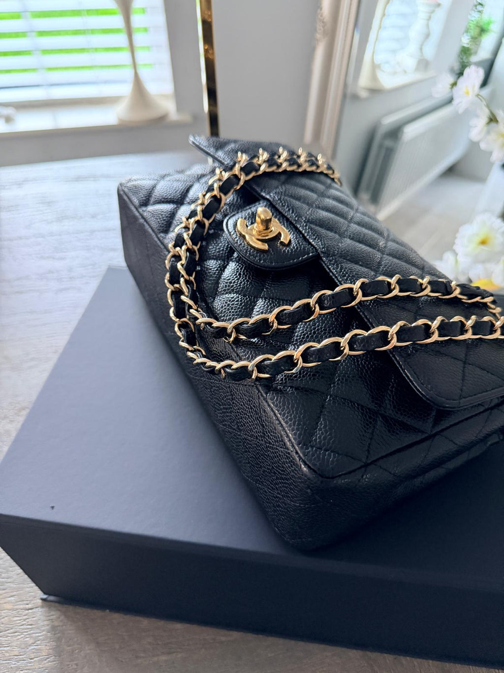 Chanel Timeless Classic Medium Double Flap Bag Black Caviar Leather Gold Hardware