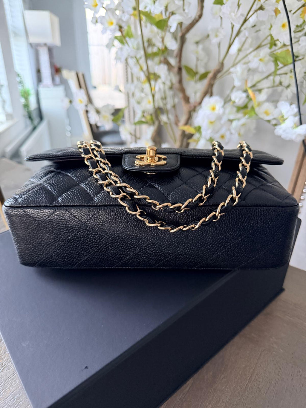Chanel Timeless Classic Medium Double Flap Bag Black Caviar Leather Gold Hardware