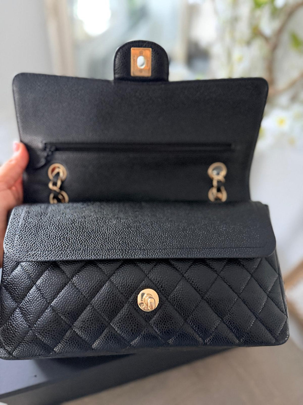 Chanel Timeless Classic Medium Double Flap Bag Black Caviar Leather Gold Hardware