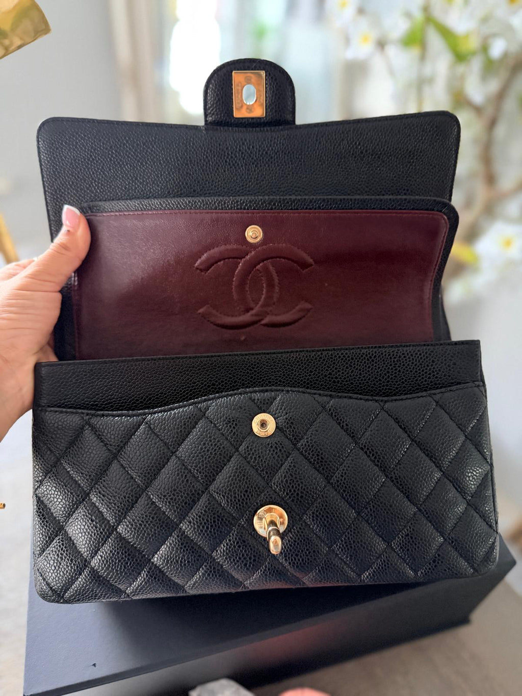 Chanel Timeless Classic Medium Double Flap Bag Black Caviar Leather Gold Hardware