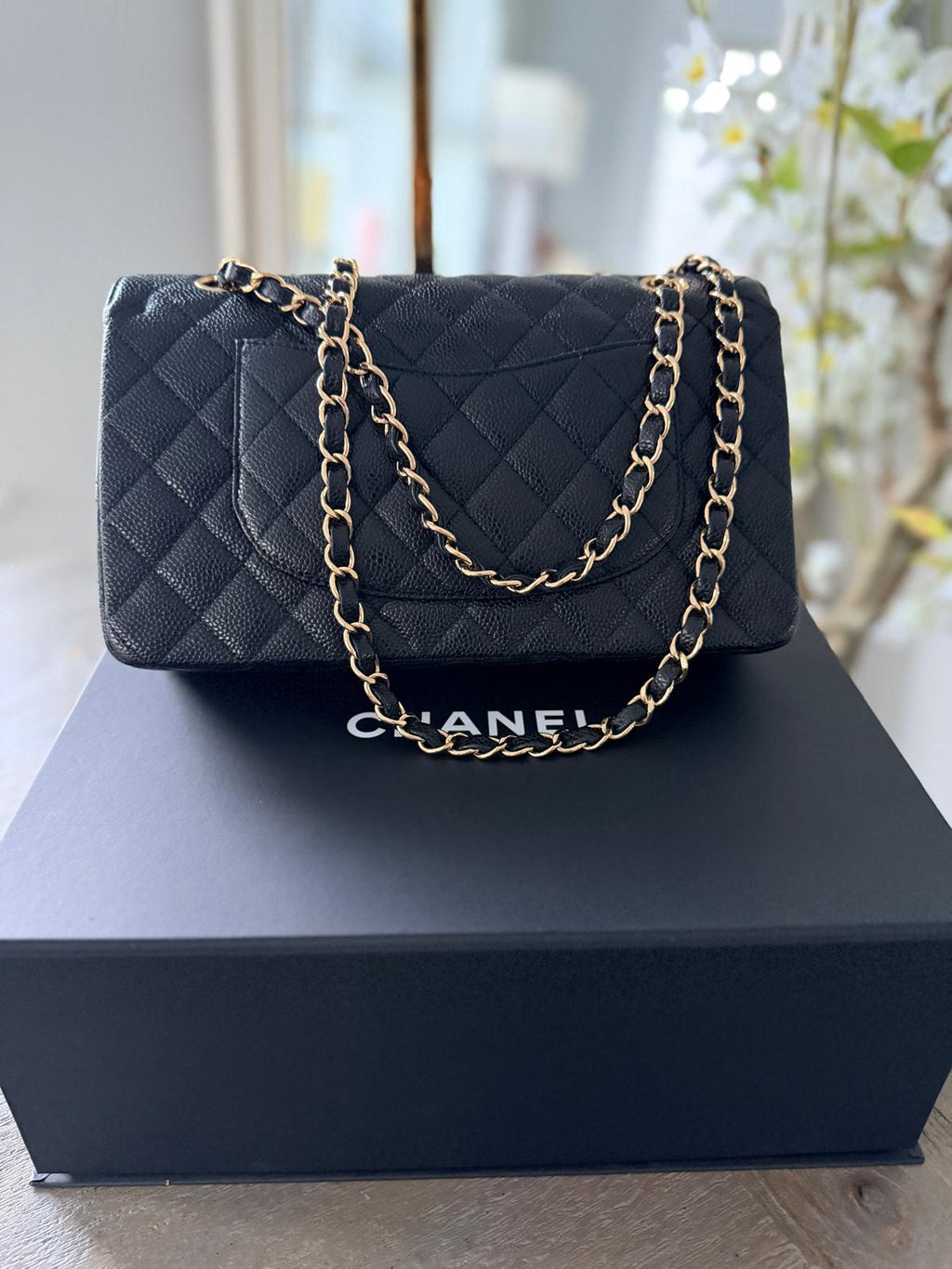Chanel Timeless Classic Medium Double Flap Bag Black Caviar Leather Gold Hardware