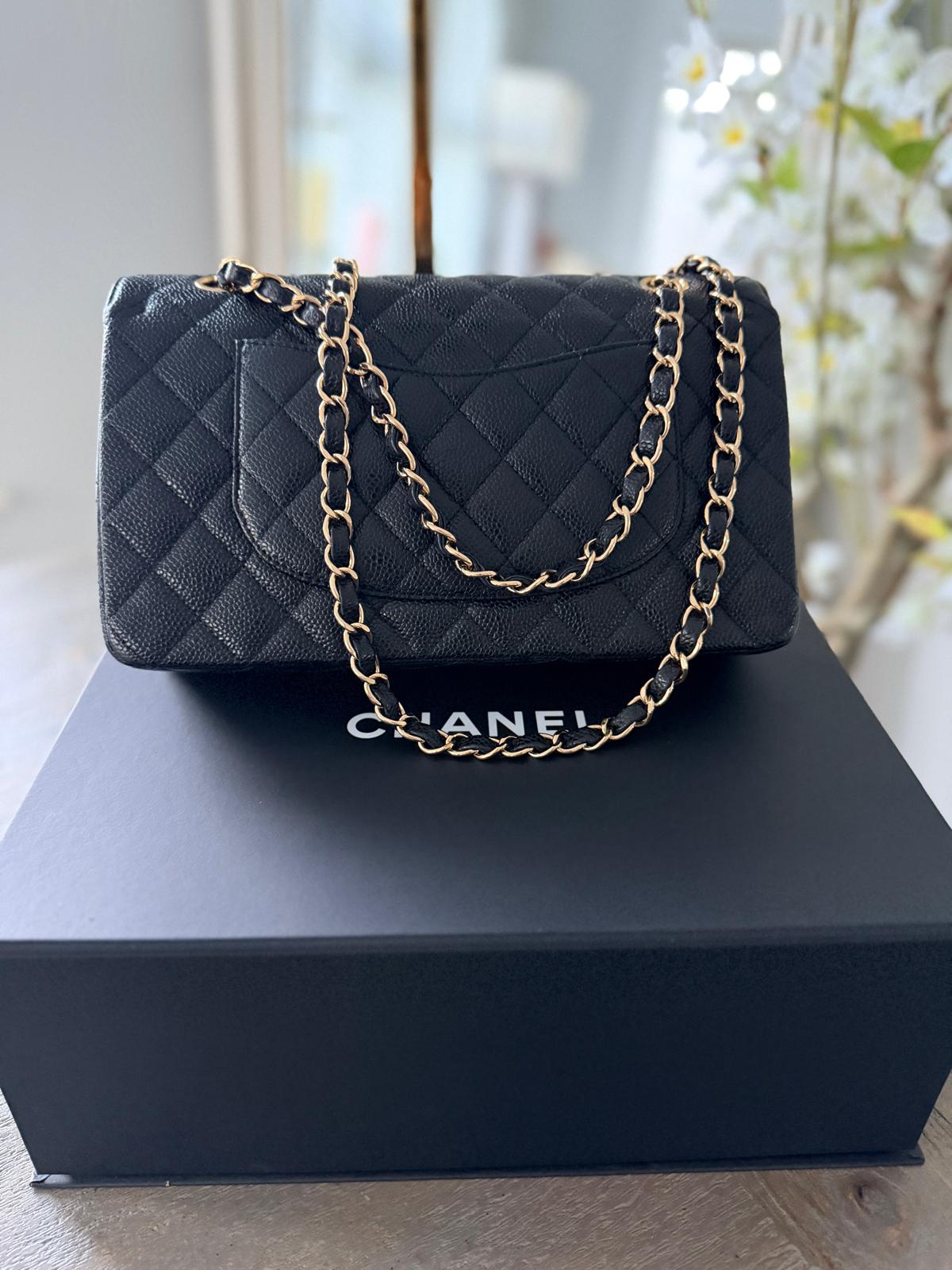 Chanel Timeless Classic Medium Double Flap Bag Black Caviar Leather Gold Hardware