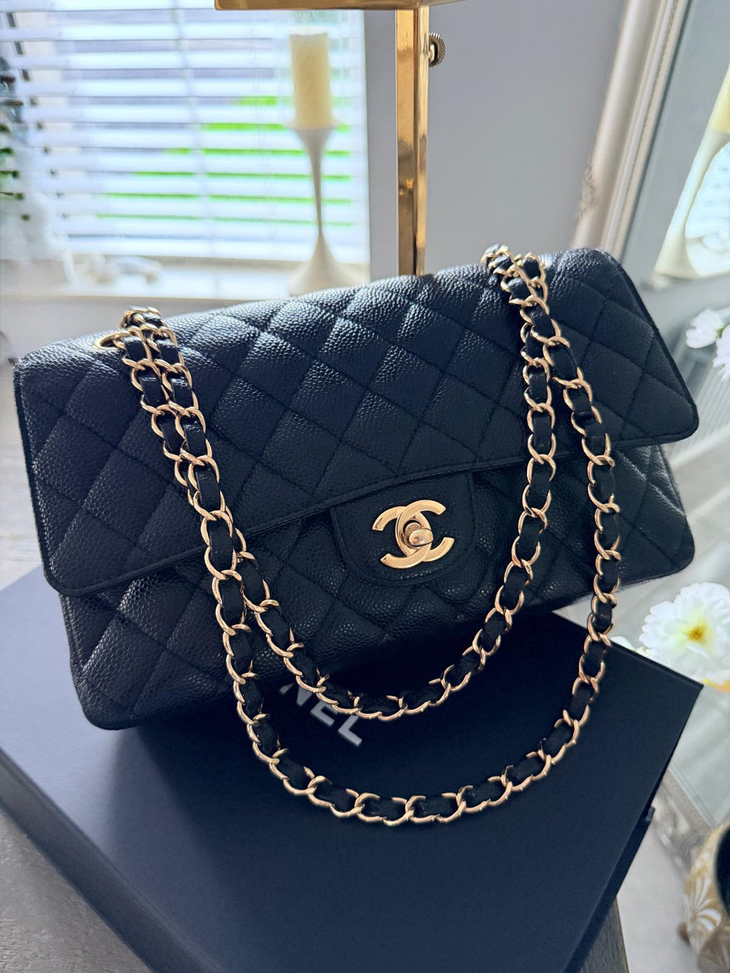 Chanel Timeless Classic Medium Double Flap Bag Black Caviar Leather Gold Hardware