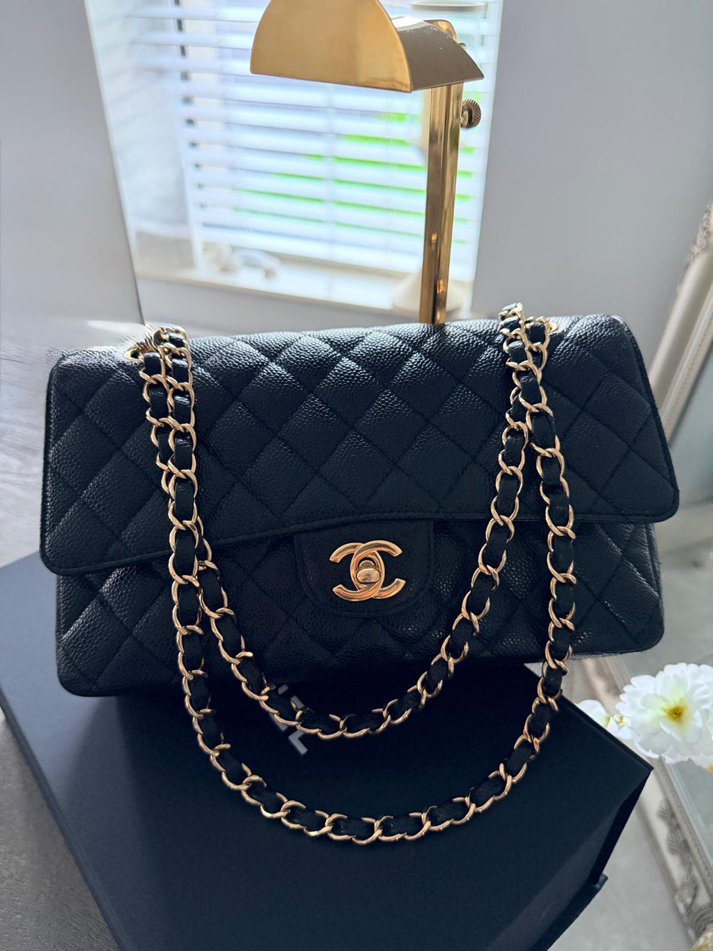 Chanel Timeless Classic Medium Double Flap Bag Black Caviar Leather Gold Hardware