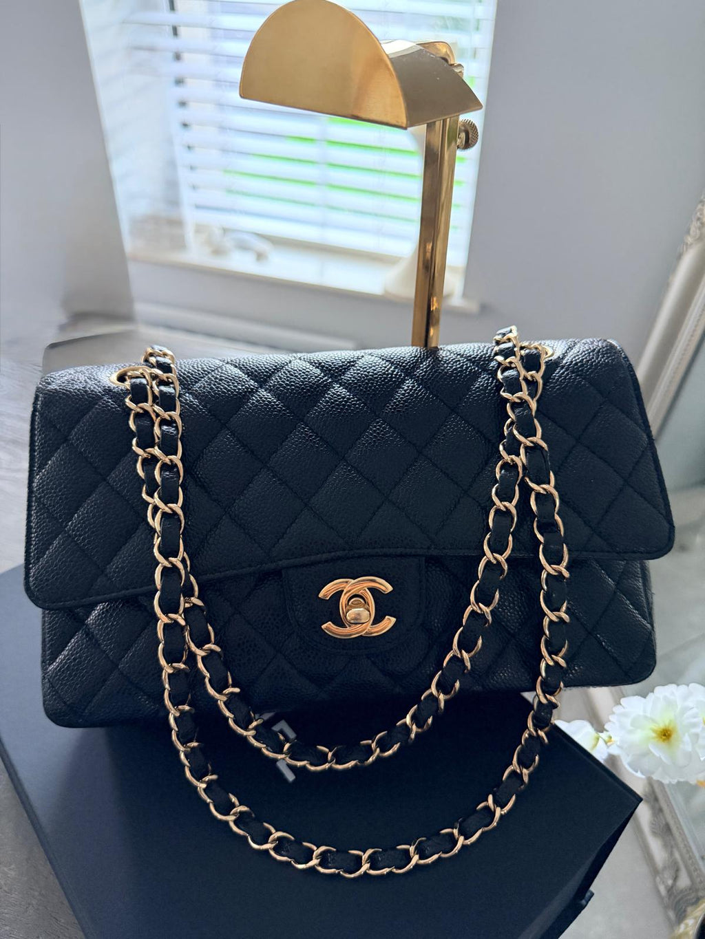 Chanel Timeless Classic Medium Double Flap Bag Black Caviar Leather Gold Hardware