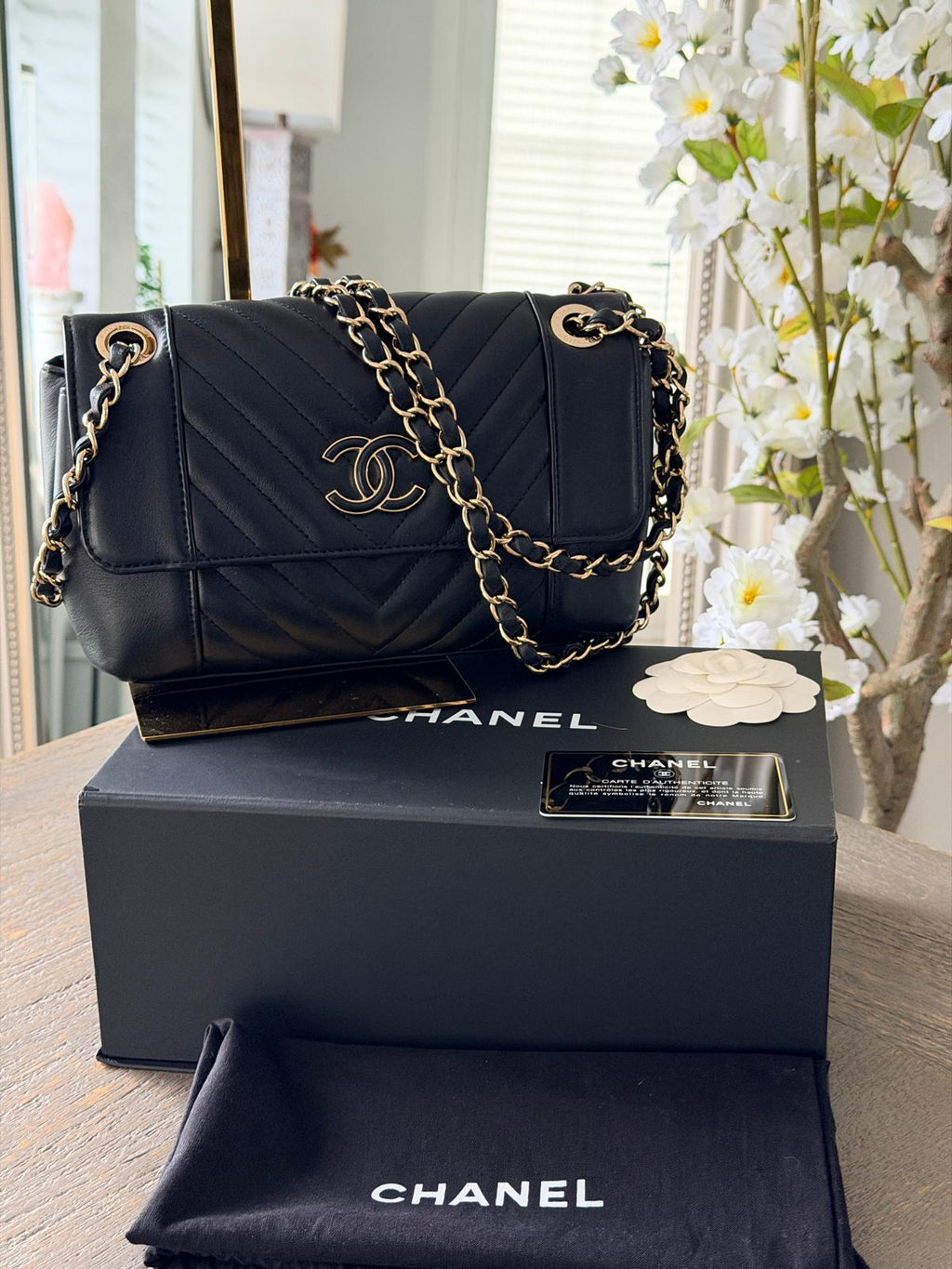 Chanel Chevron Small Bag Black Lambskin Leather Champagne Gold Hardware