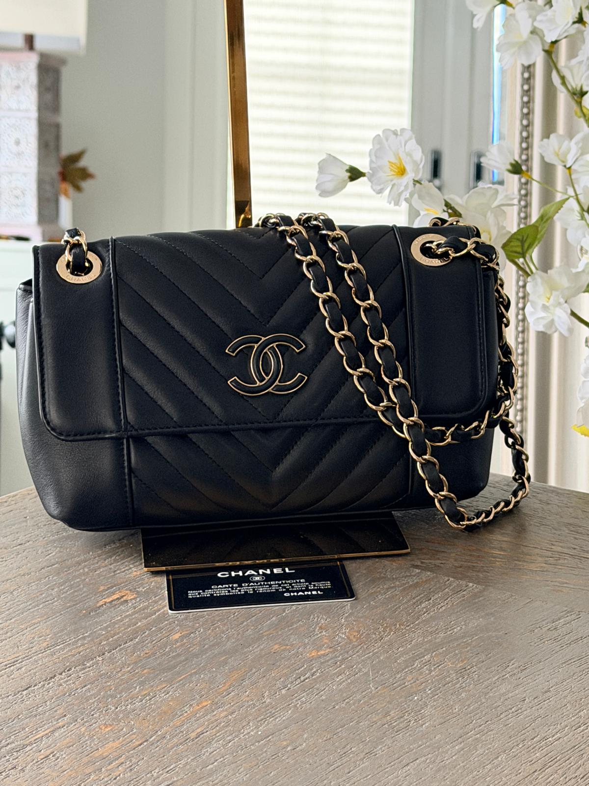 Chanel Chevron Small Bag Black Lambskin Leather Champagne Gold Hardware