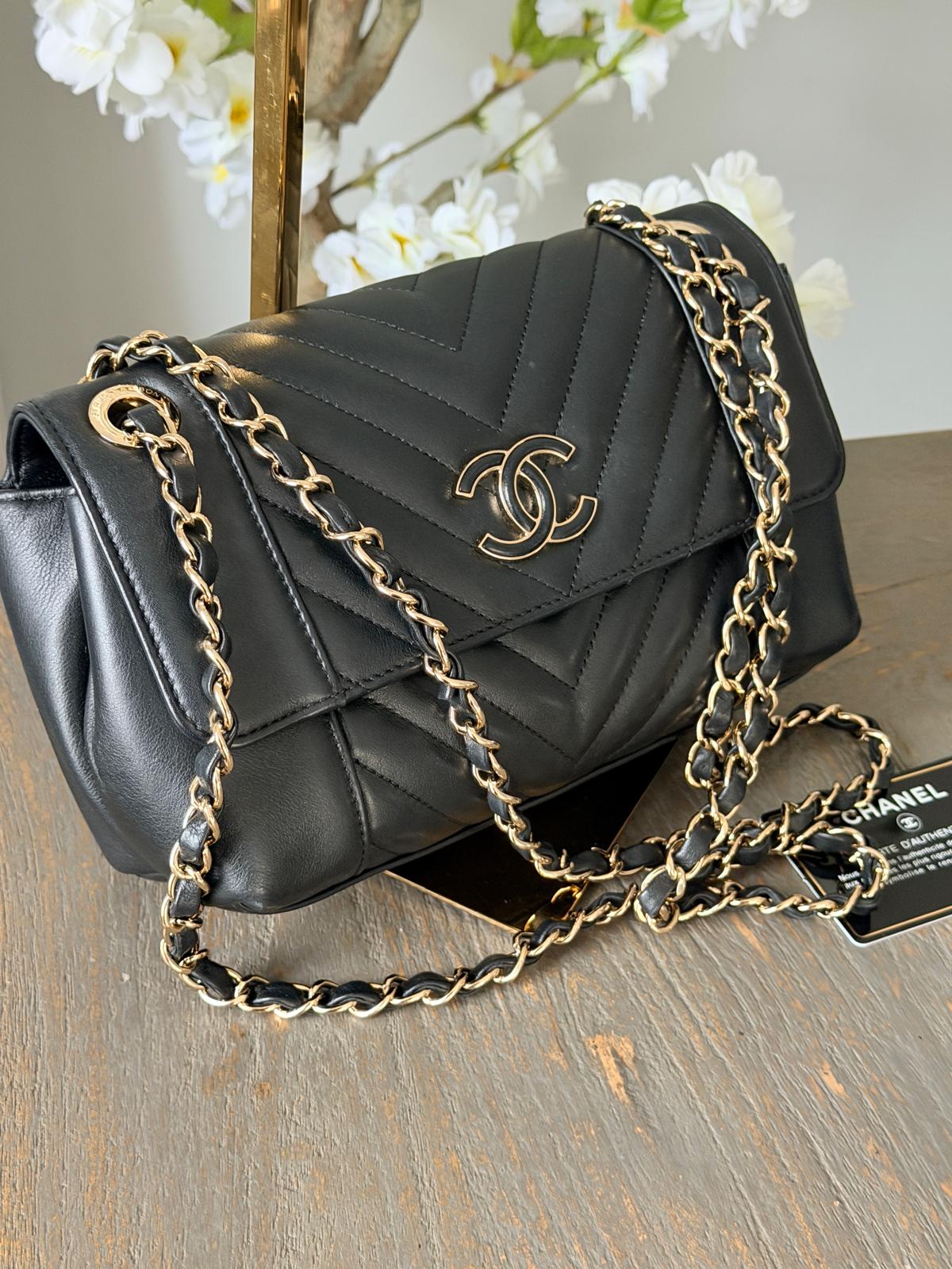 Chanel Chevron Small Bag Black Lambskin Leather Champagne Gold Hardware