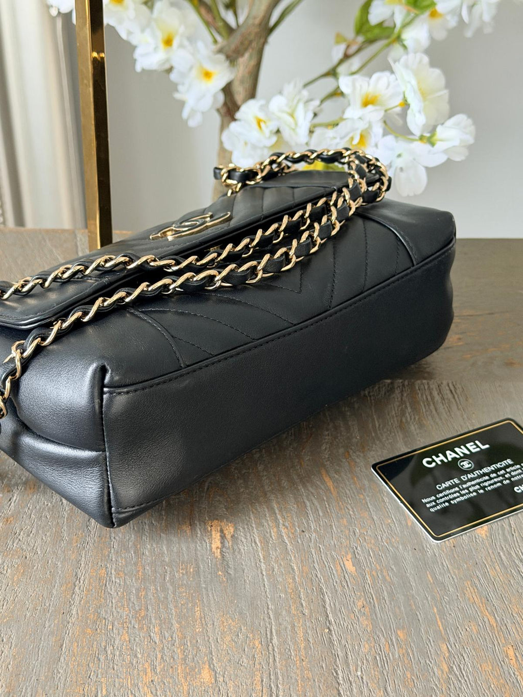 Chanel Chevron Small Bag Black Lambskin Leather Champagne Gold Hardware