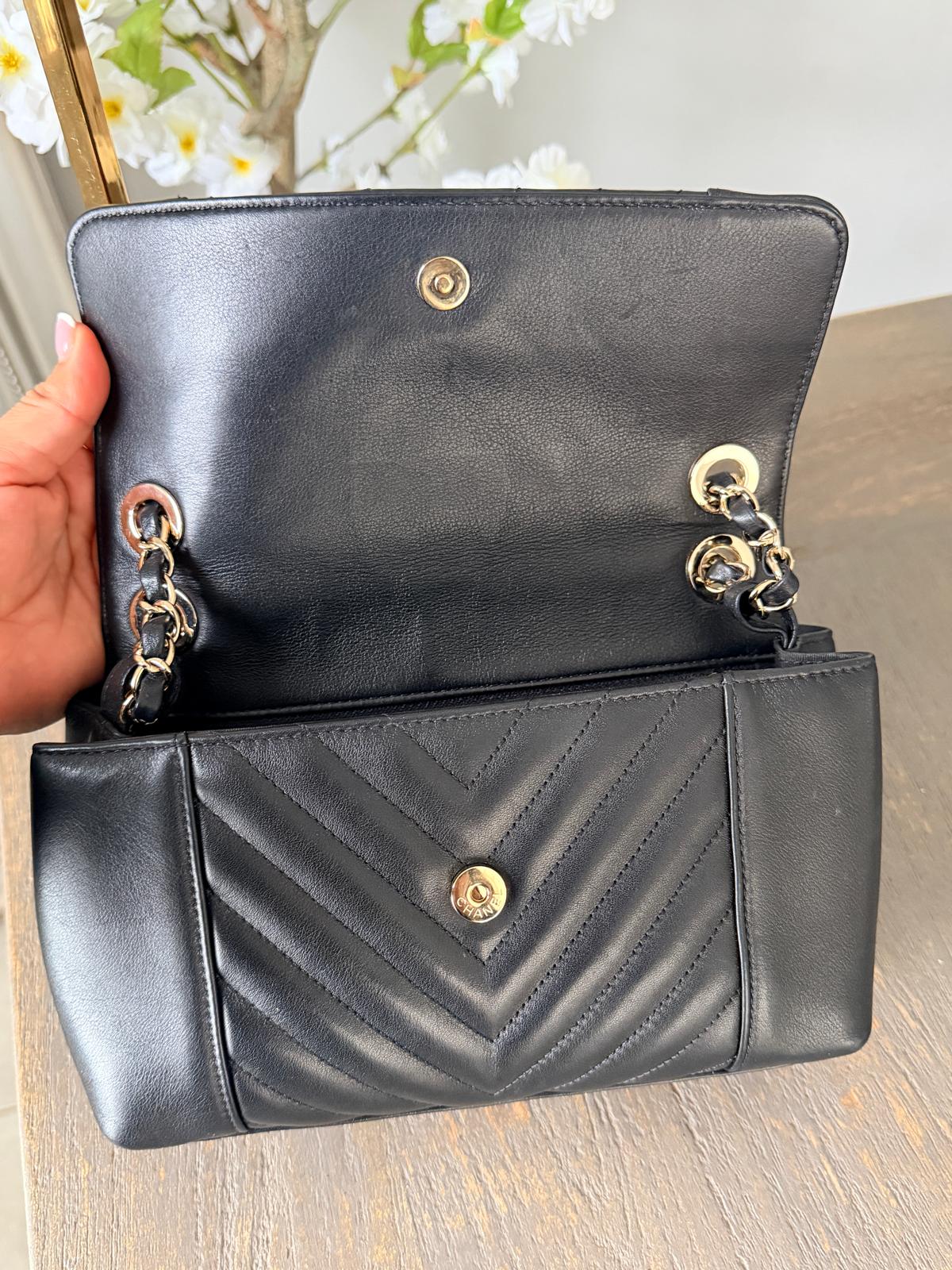 Chanel Chevron Small Bag Black Lambskin Leather Champagne Gold Hardware