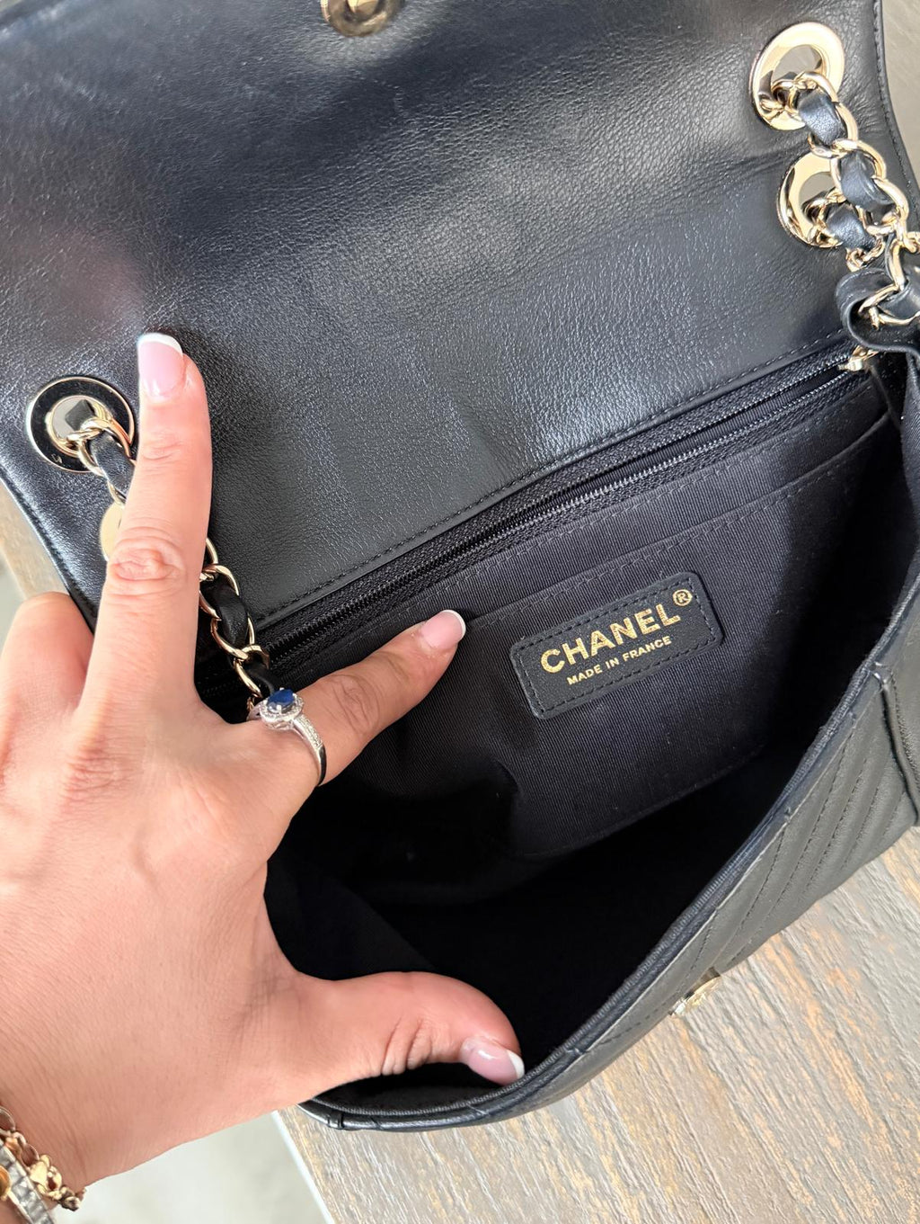 Chanel Chevron Small Bag Black Lambskin Leather Champagne Gold Hardware
