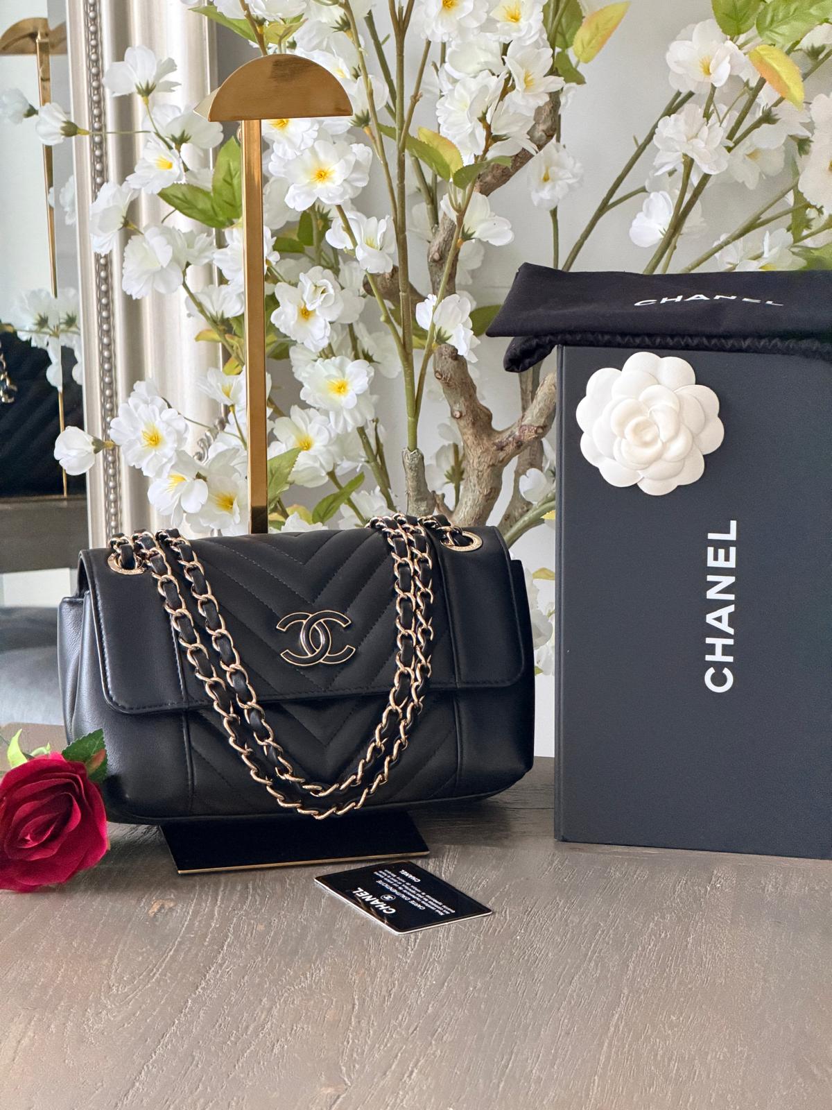 Chanel Chevron Small Bag Black Lambskin Leather Champagne Gold Hardware