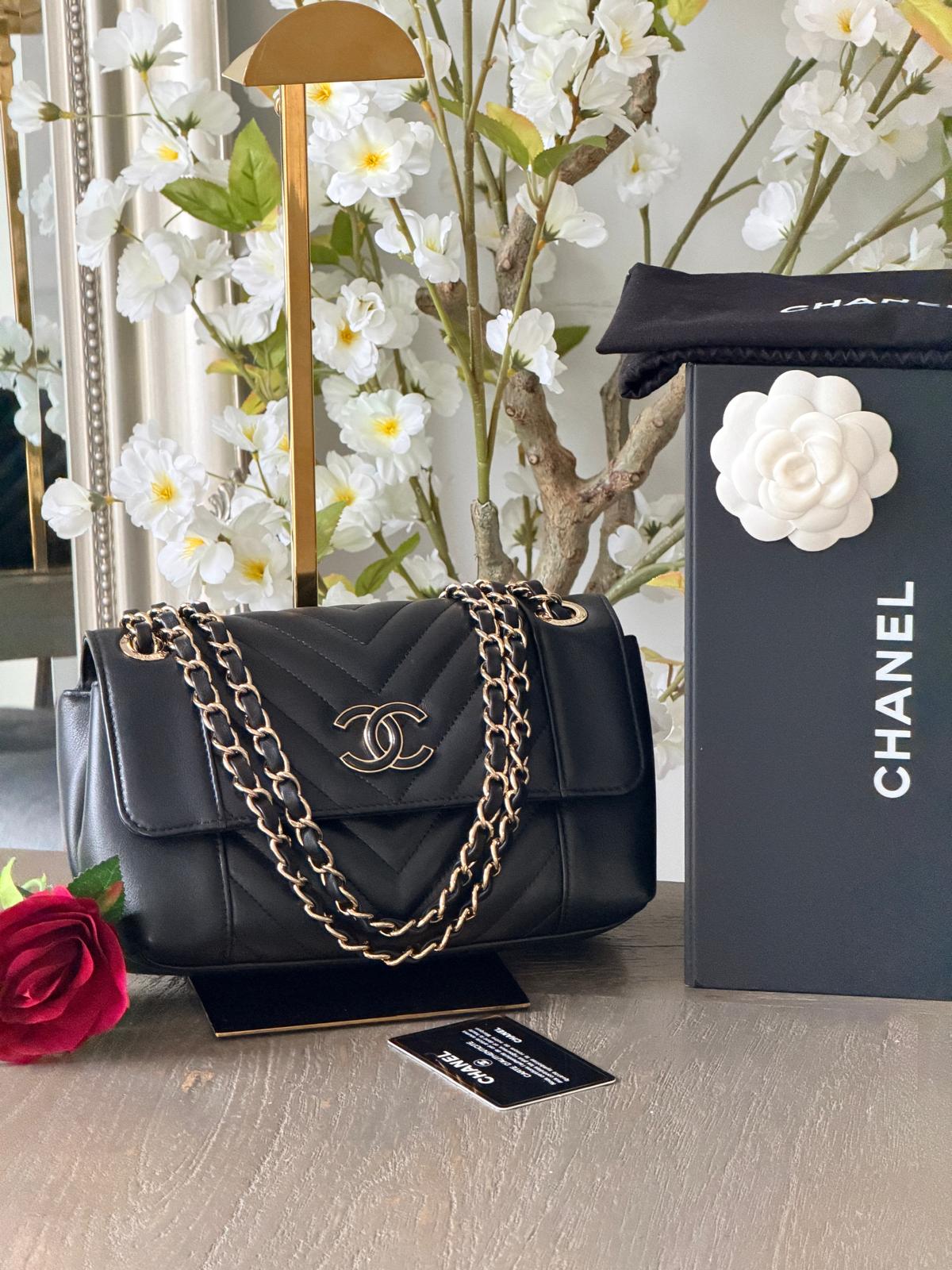 Chanel Chevron Small Bag Black Lambskin Leather Champagne Gold Hardware