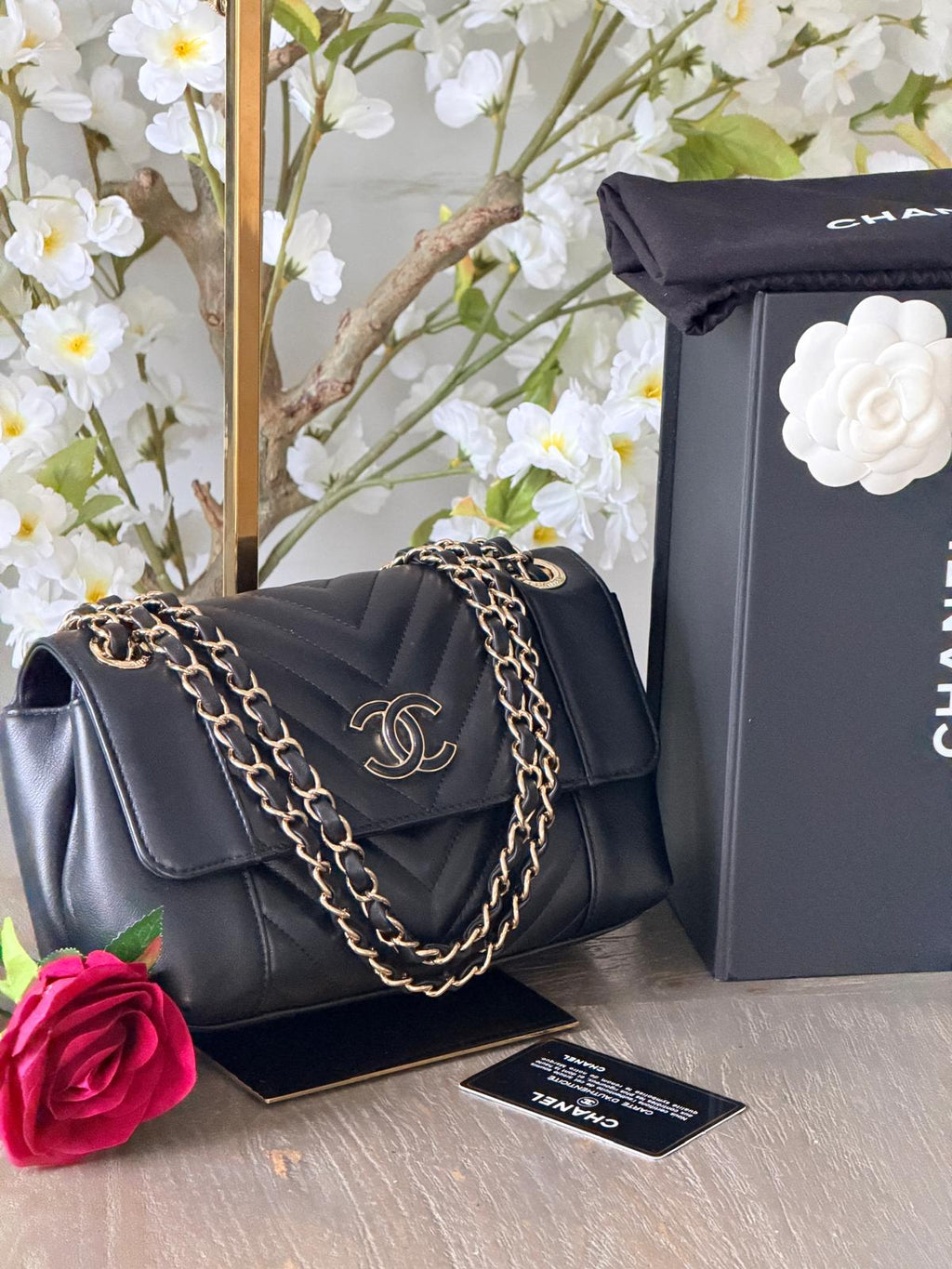 Chanel Chevron Small Bag Black Lambskin Leather Champagne Gold Hardware