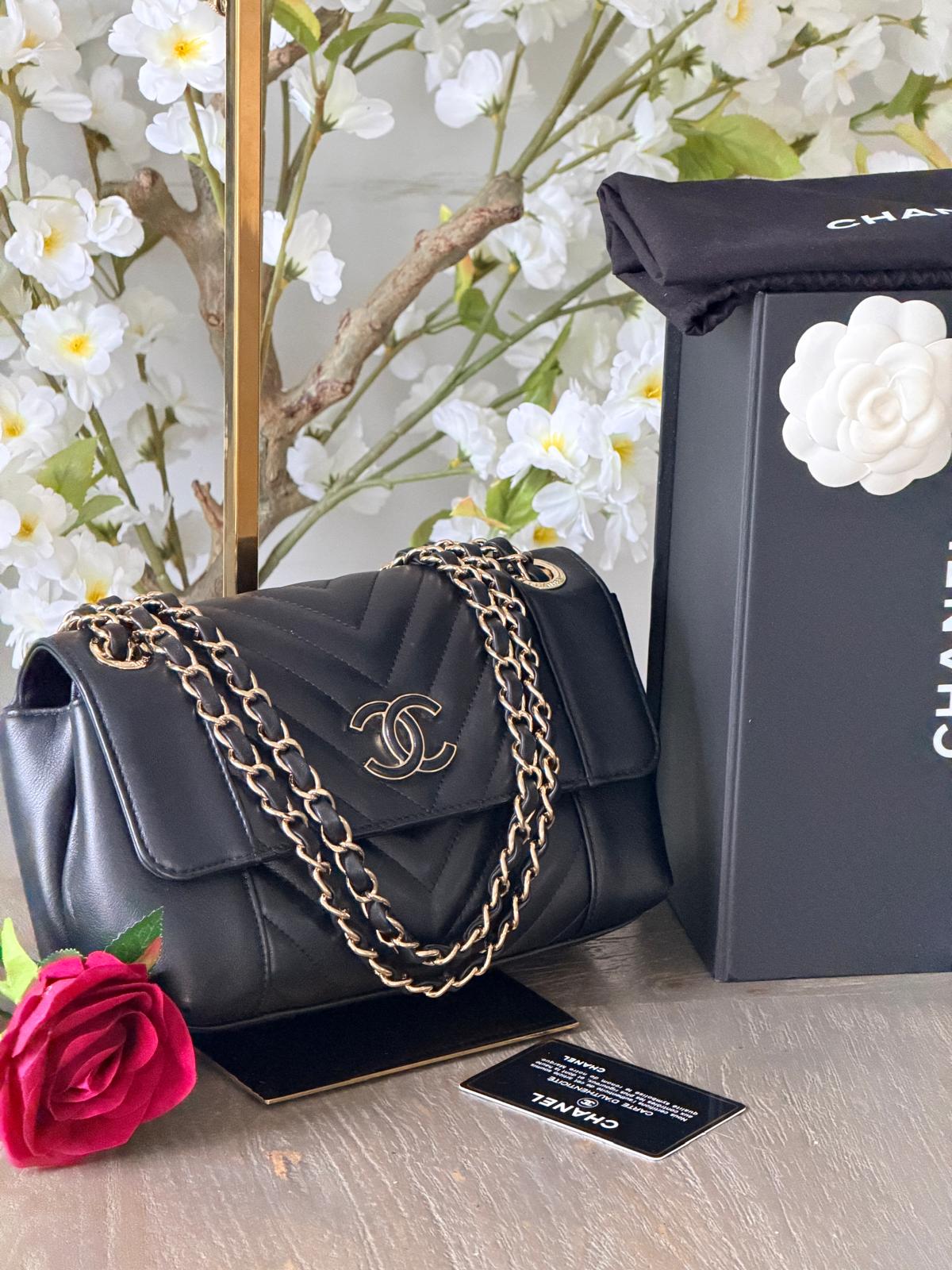 Chanel Chevron Small Bag Black Lambskin Leather Champagne Gold Hardware