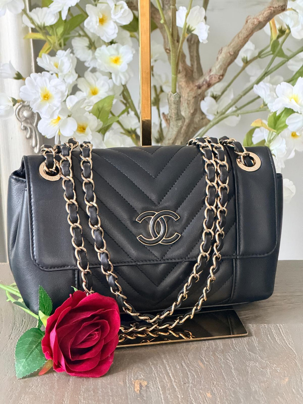 Chanel Chevron Small Bag Black Lambskin Leather Champagne Gold Hardware