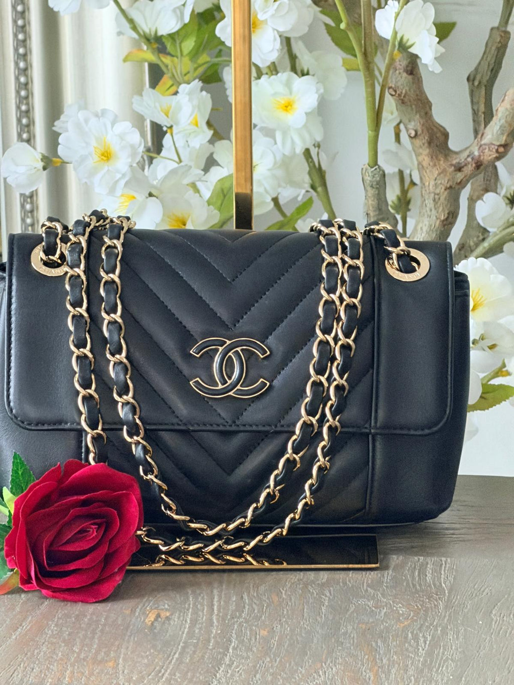 Chanel Chevron Small Bag Black Lambskin Leather Champagne Gold Hardware