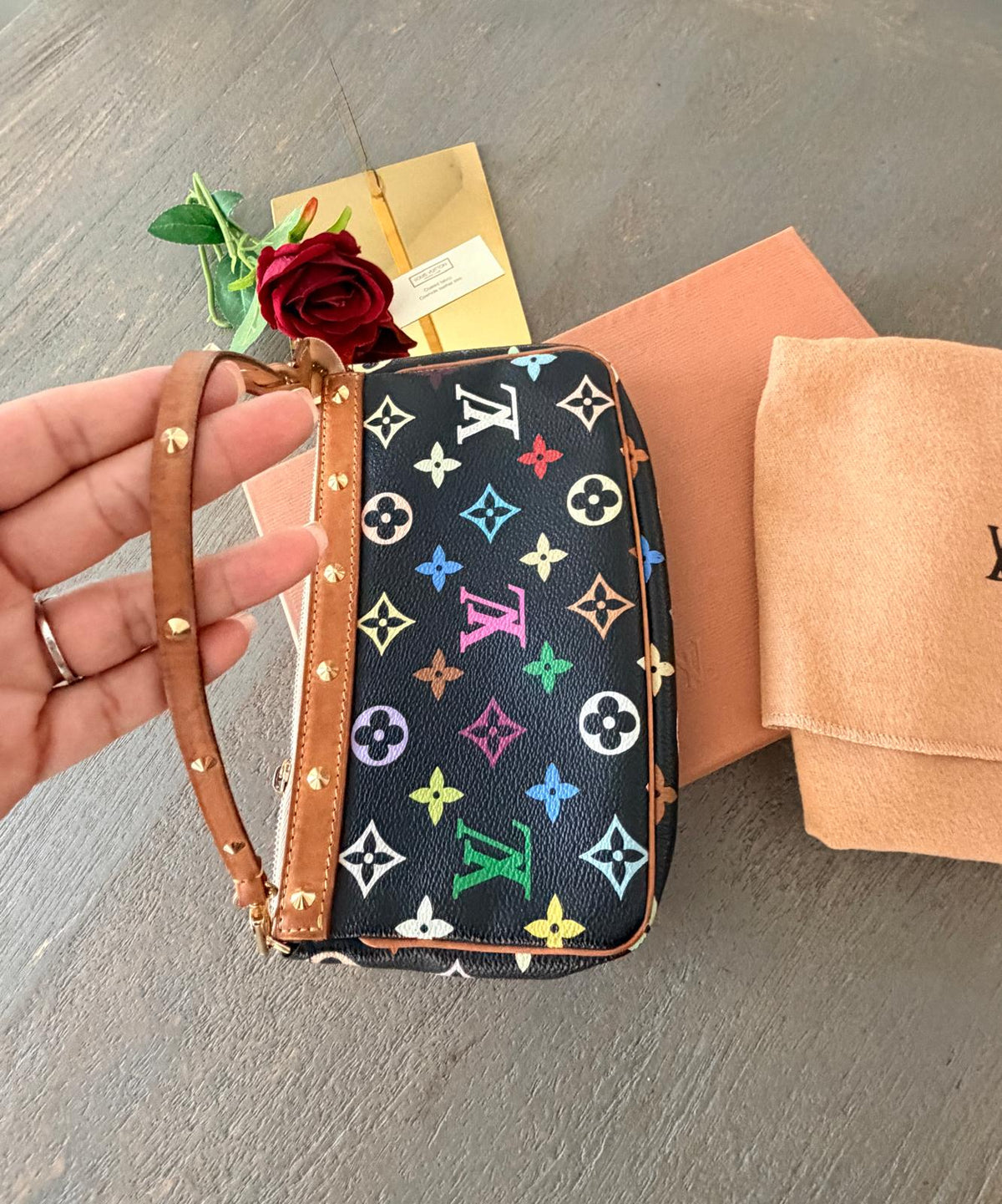 Louis Vuitton Vintage Takashi Murakami Multicolore Clutch Black Canvas Gold Hardware