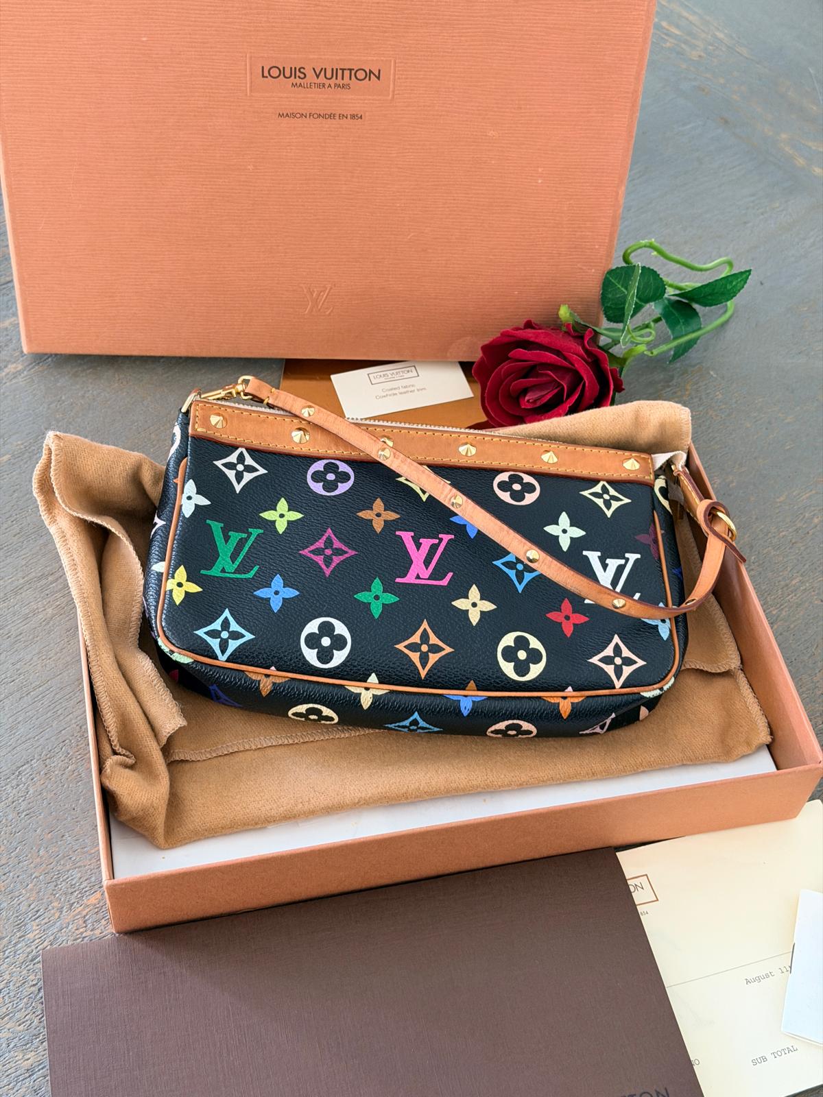Louis Vuitton Vintage Takashi Murakami Multicolore Clutch Black Canvas Gold Hardware