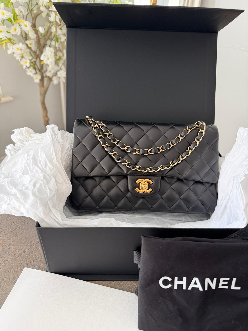 Chanel Timeless Classic Medium Bag Double Flap Lambskin Leather Gold Hardware