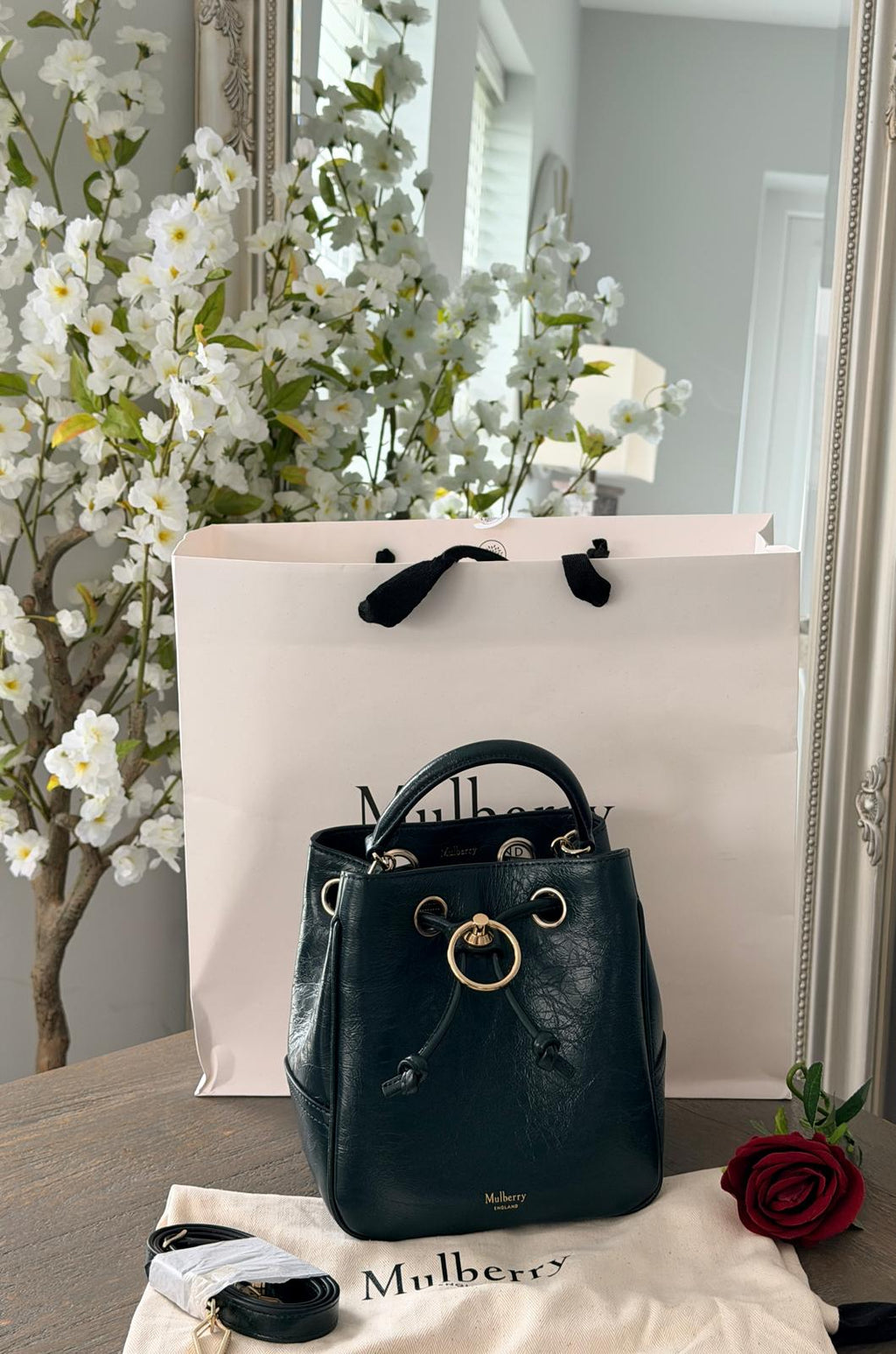 Mulberry Hampstead Bucket Bag Dark Green Glossy Calfskin Leather Light Gold Hardware