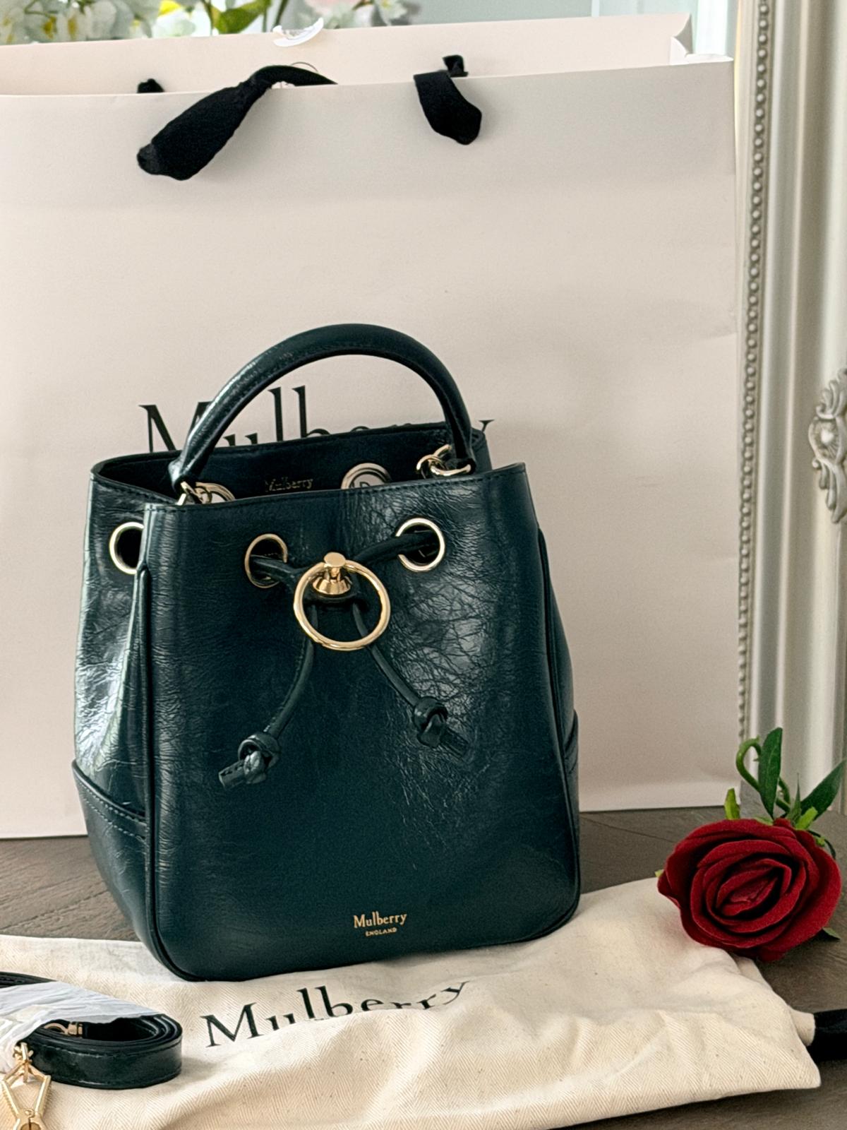 Mulberry Hampstead Bucket Bag Dark Green Glossy Calfskin Leather Light Gold Hardware