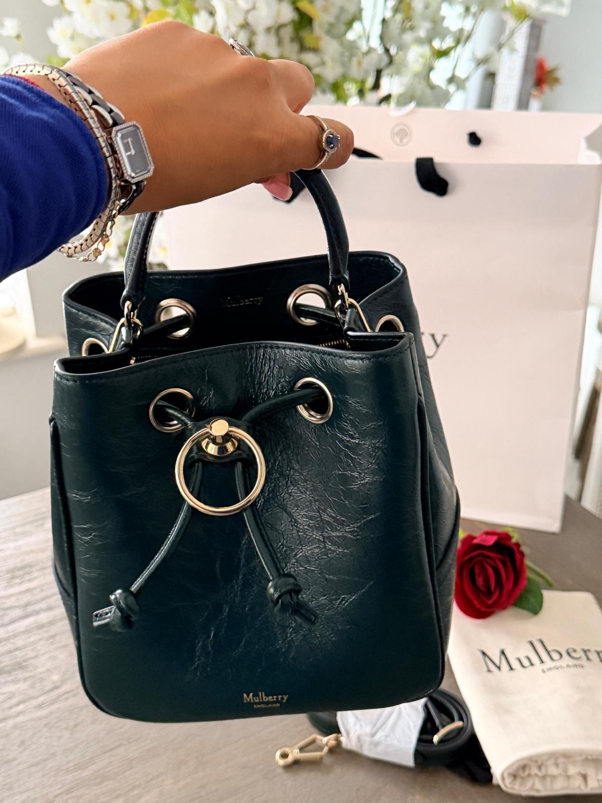 Mulberry Hampstead Bucket Bag Dark Green Glossy Calfskin Leather Light Gold Hardware