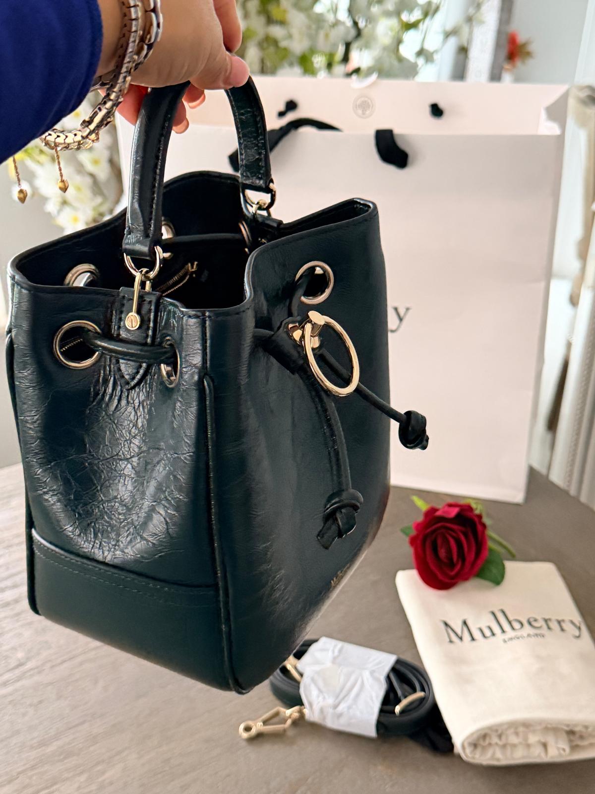 Mulberry Hampstead Bucket Bag Dark Green Glossy Calfskin Leather Light Gold Hardware