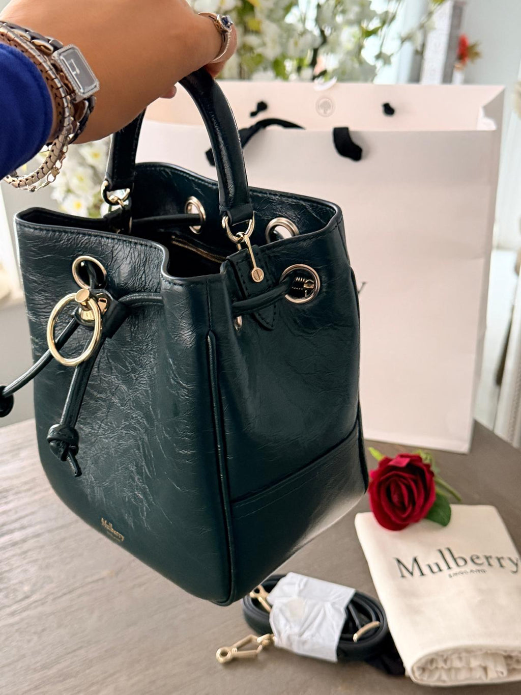 Mulberry Hampstead Bucket Bag Dark Green Glossy Calfskin Leather Light Gold Hardware