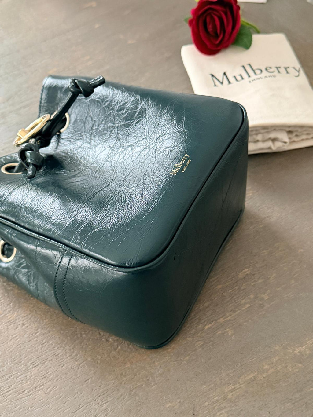 Mulberry Hampstead Bucket Bag Dark Green Glossy Calfskin Leather Light Gold Hardware