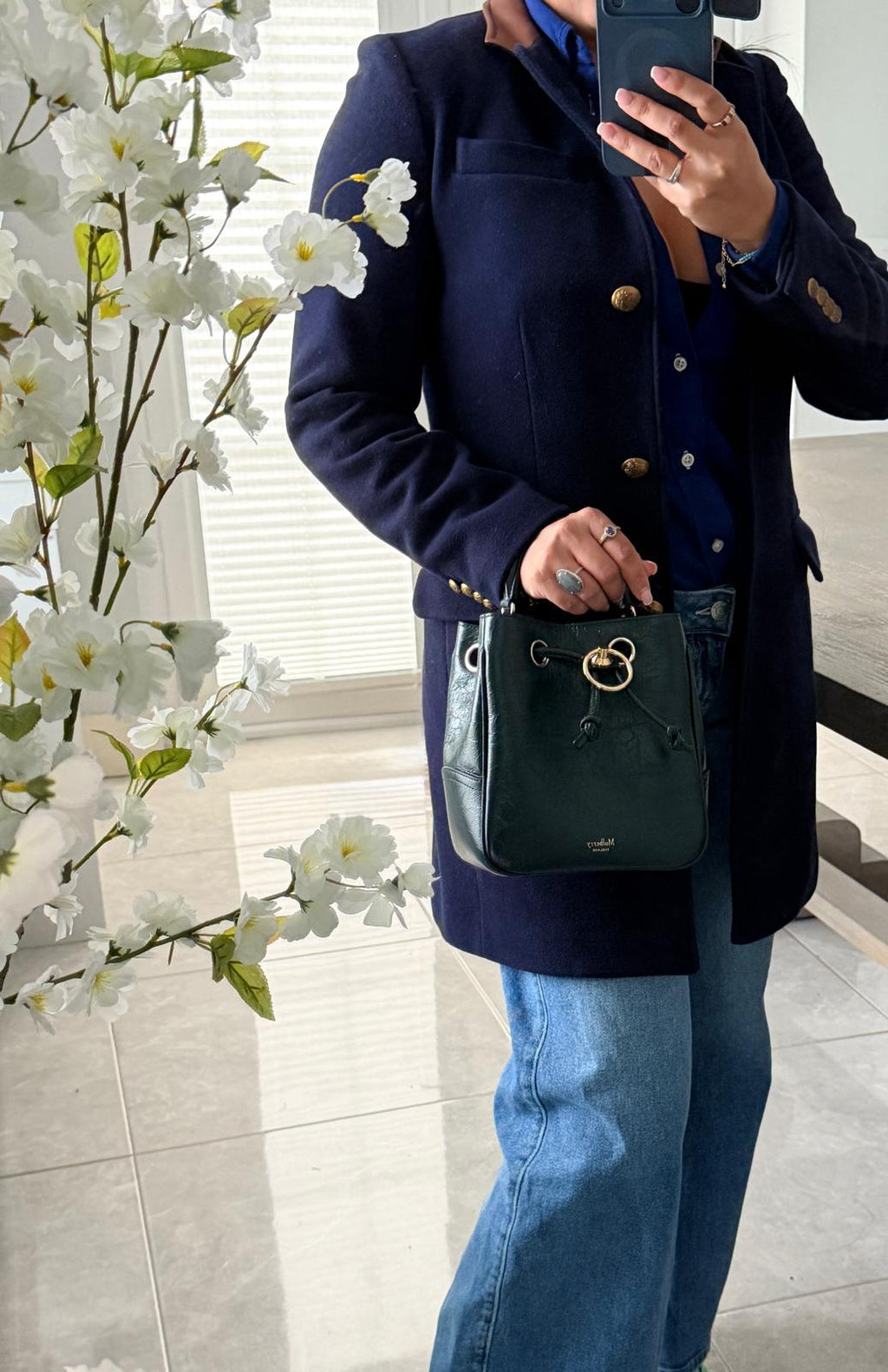Mulberry Hampstead Bucket Bag Dark Green Glossy Calfskin Leather Light Gold Hardware