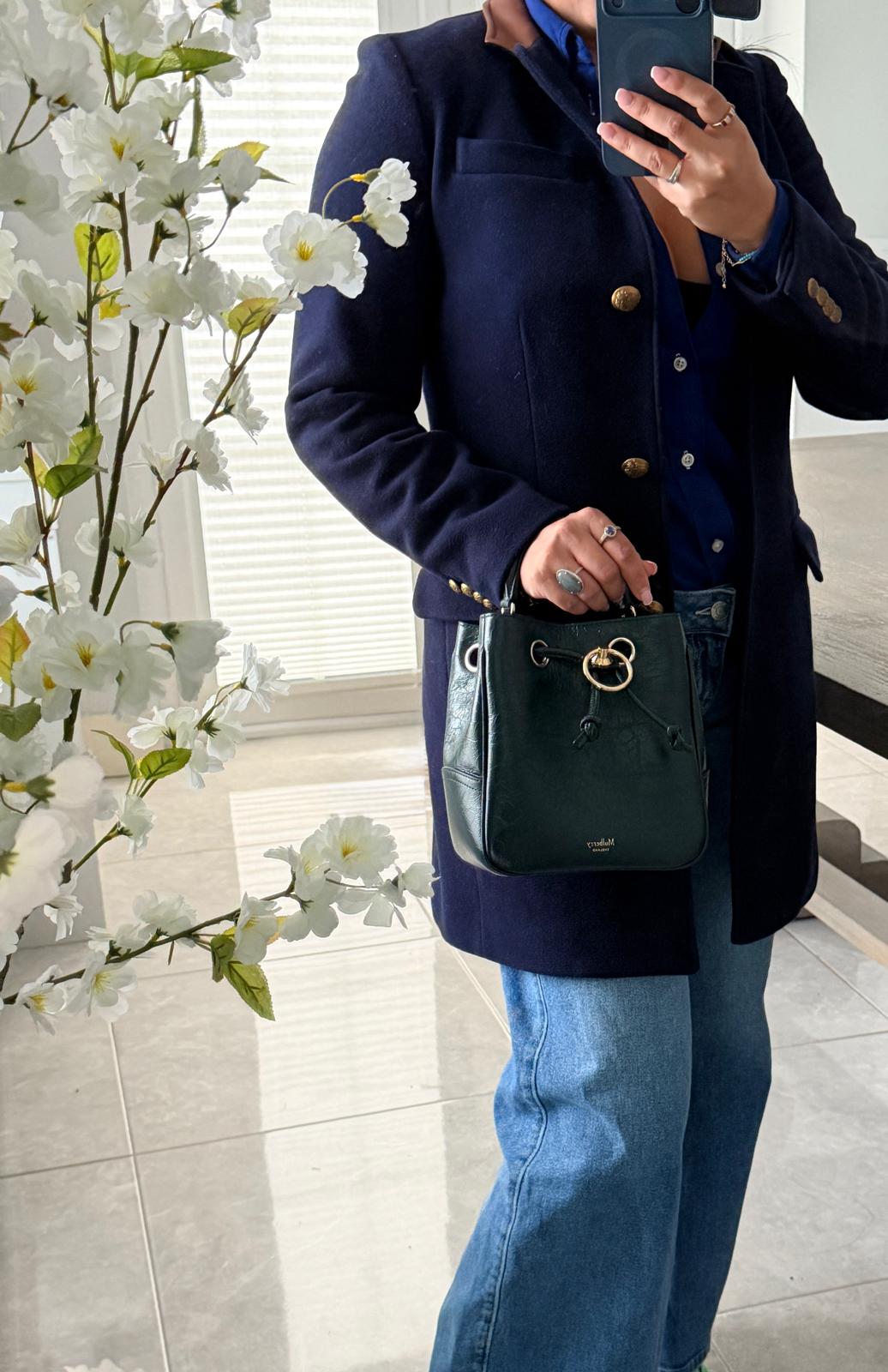 Mulberry Hampstead Bucket Bag Dark Green Glossy Calfskin Leather Light Gold Hardware