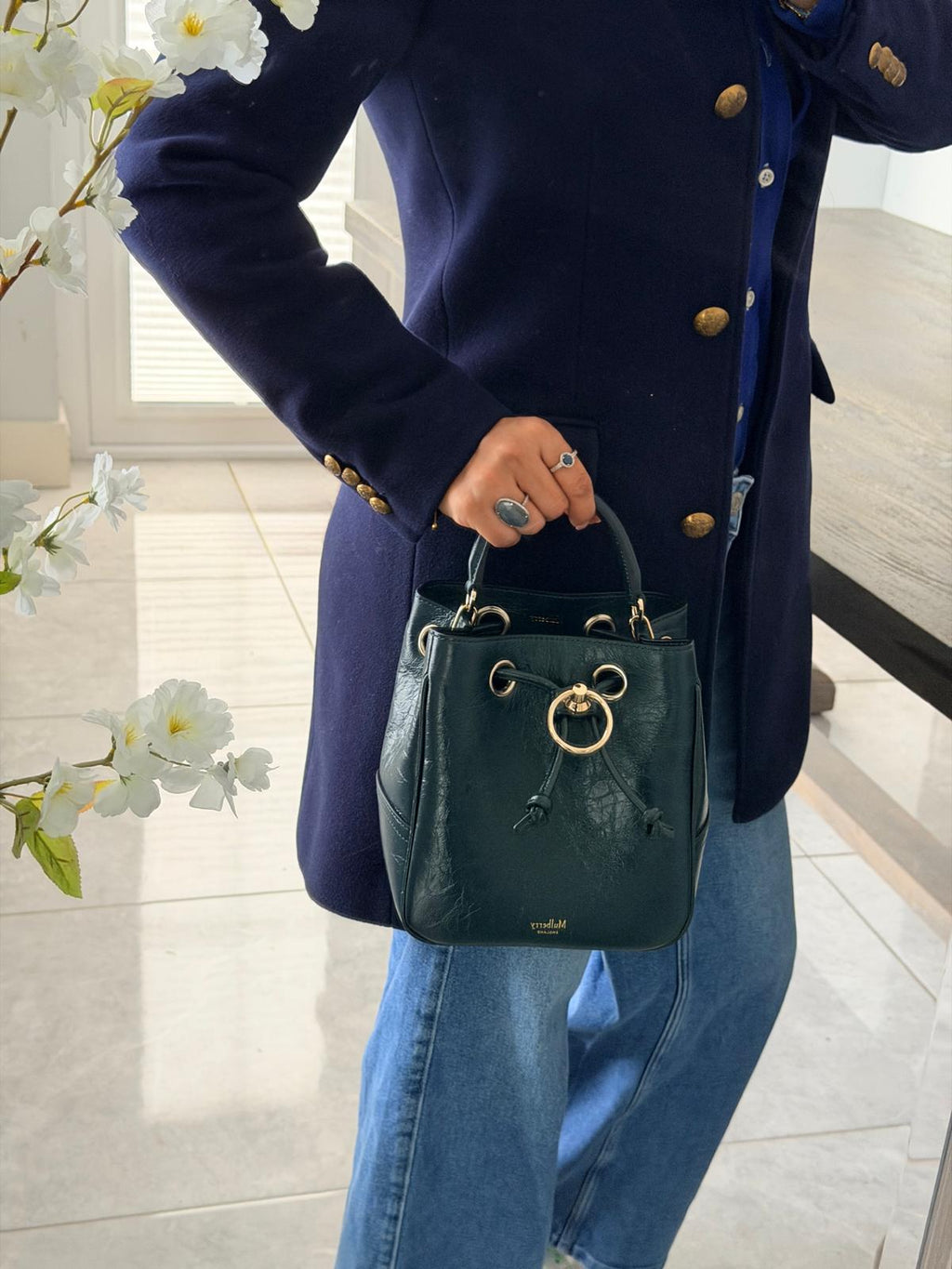 Mulberry Hampstead Bucket Bag Dark Green Glossy Calfskin Leather Light Gold Hardware