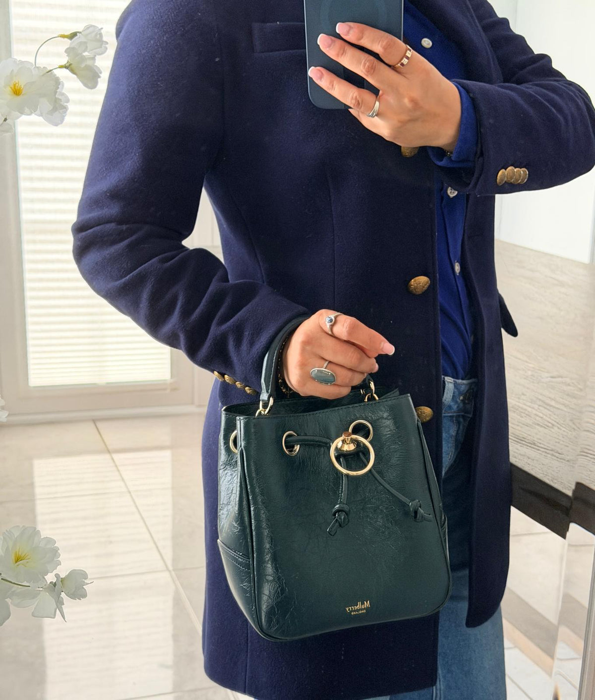 Mulberry Hampstead Bucket Bag Dark Green Glossy Calfskin Leather Light Gold Hardware