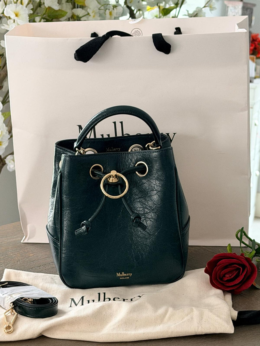 Mulberry Hampstead Bucket Bag Dark Green Glossy Calfskin Leather Light Gold Hardware
