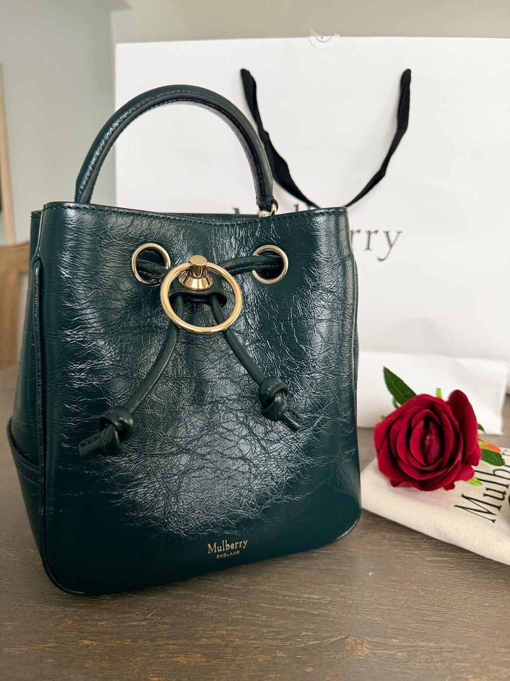Mulberry Hampstead Bucket Bag Dark Green Glossy Calfskin Leather Light Gold Hardware