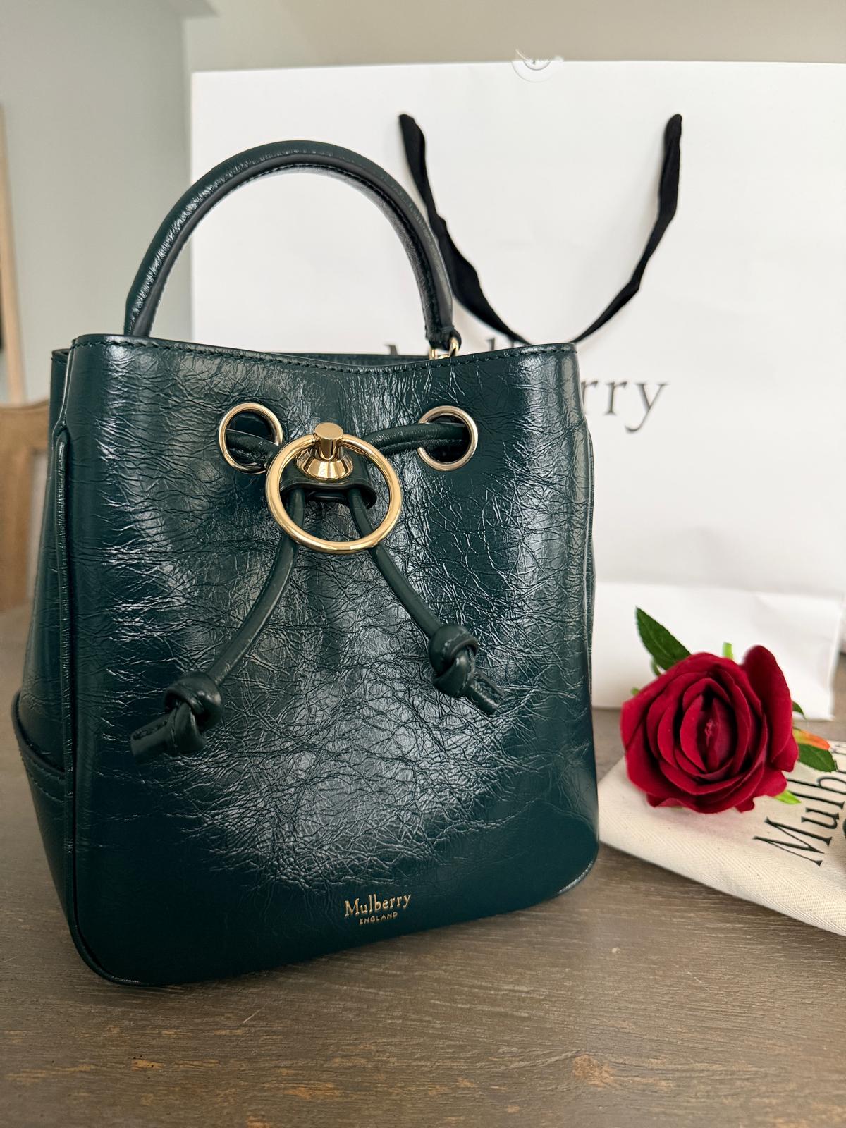 Mulberry Hampstead Bucket Bag Dark Green Glossy Calfskin Leather Light Gold Hardware