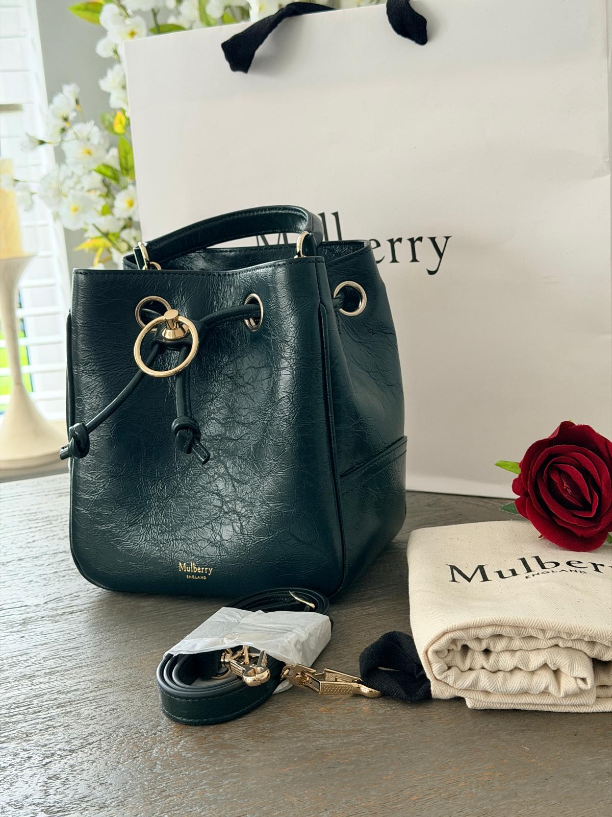 Mulberry Hampstead Bucket Bag Dark Green Glossy Calfskin Leather Light Gold Hardware