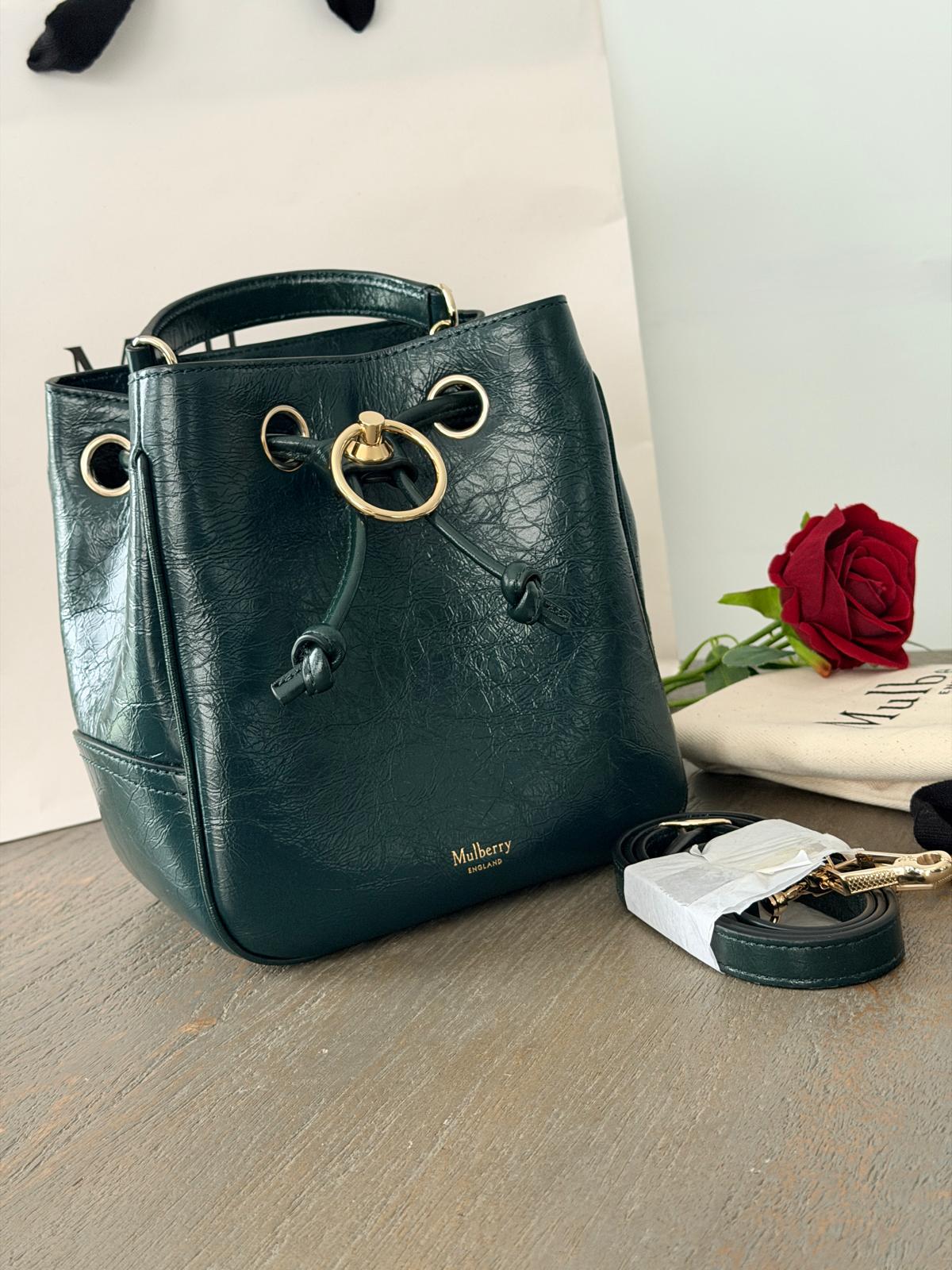 Mulberry Hampstead Bucket Bag Dark Green Glossy Calfskin Leather Light Gold Hardware